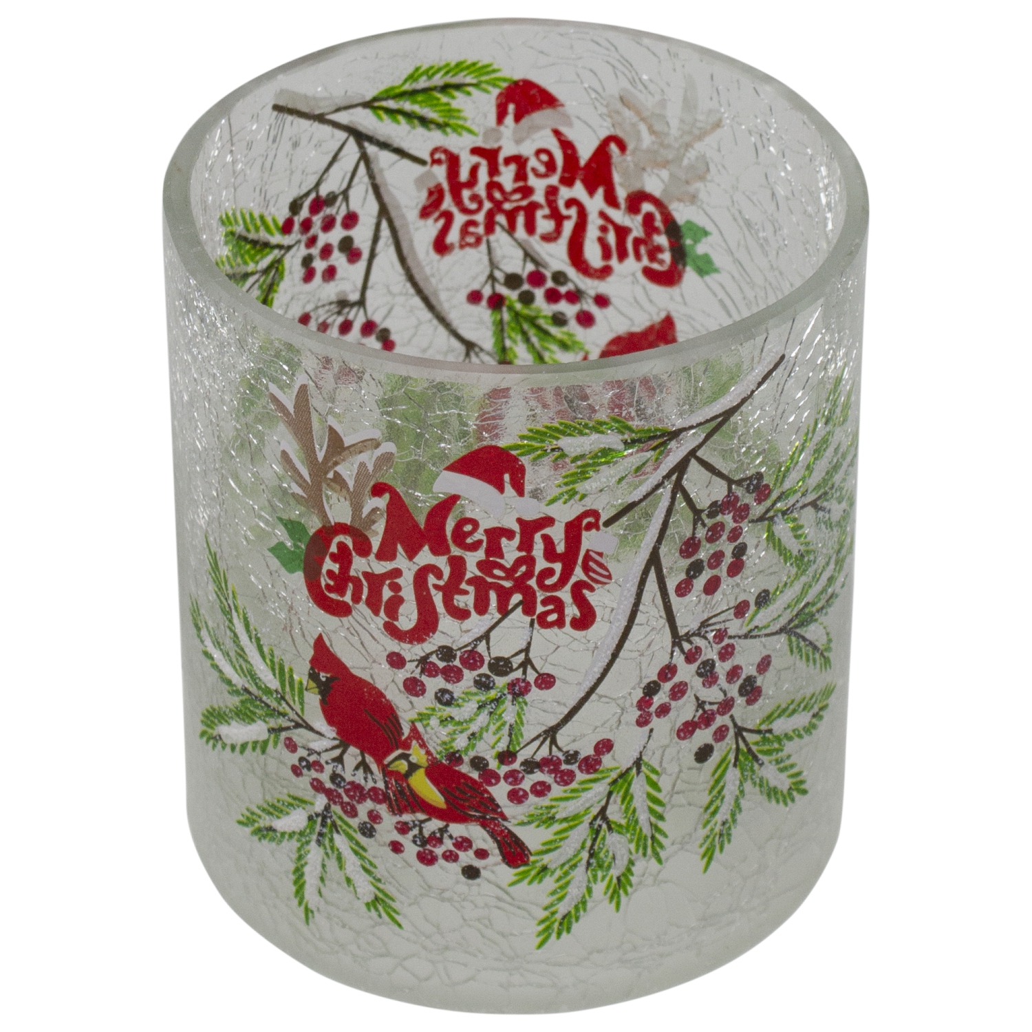 Porte-bougie de Noël en verre peint à la main, cardinal de Noël et pin sans flamme, 8 po