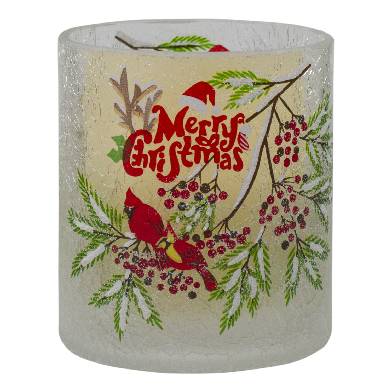 Porte-bougie de Noël en verre peint à la main, cardinal de Noël et pin sans flamme, 8 po