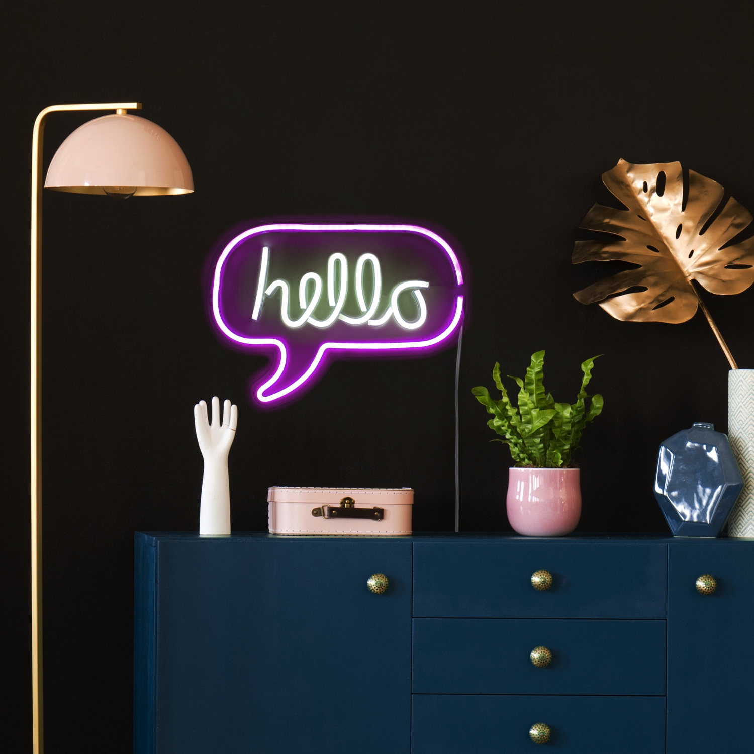 Affiche murale de style néon à DEL Hello Word de 17 po, rose et blanc