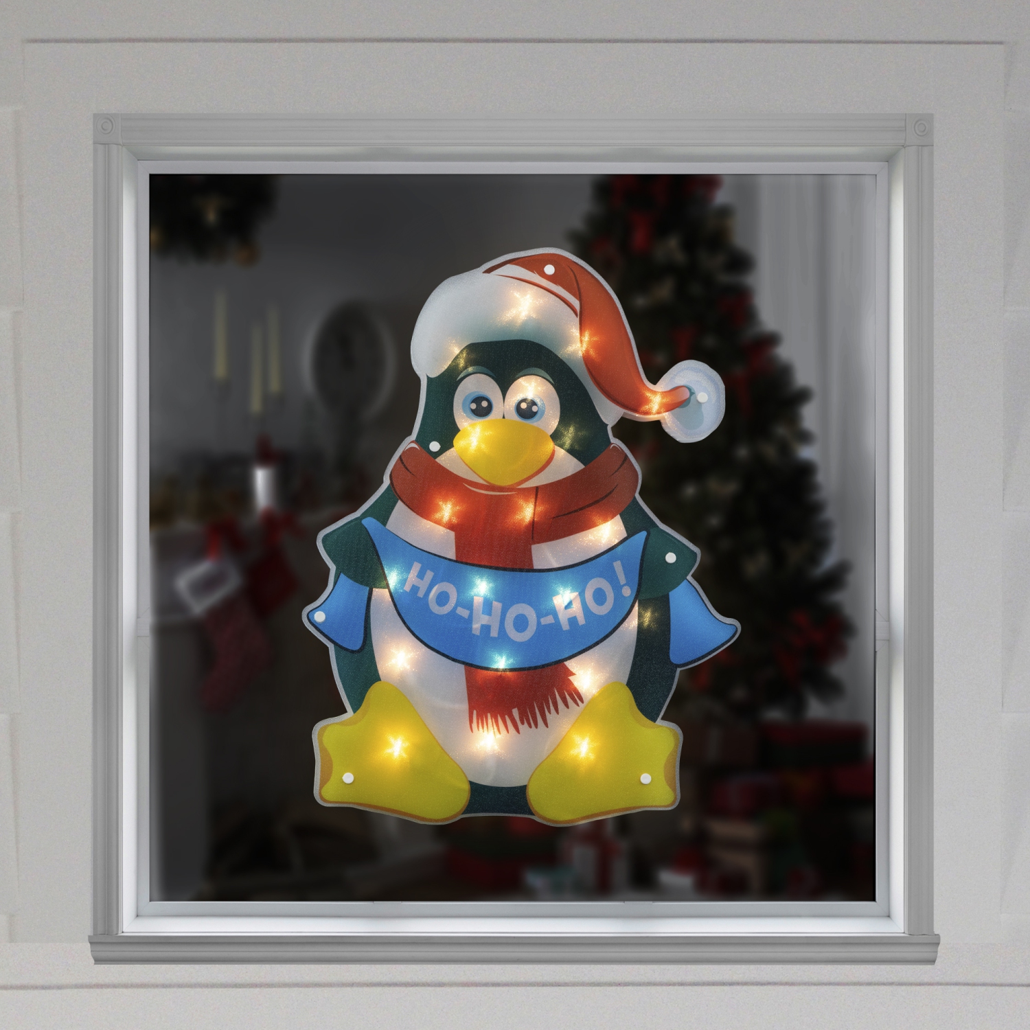 Silhouette de fenêtre de Noël en forme de pingouin lumineux, 17.5 po