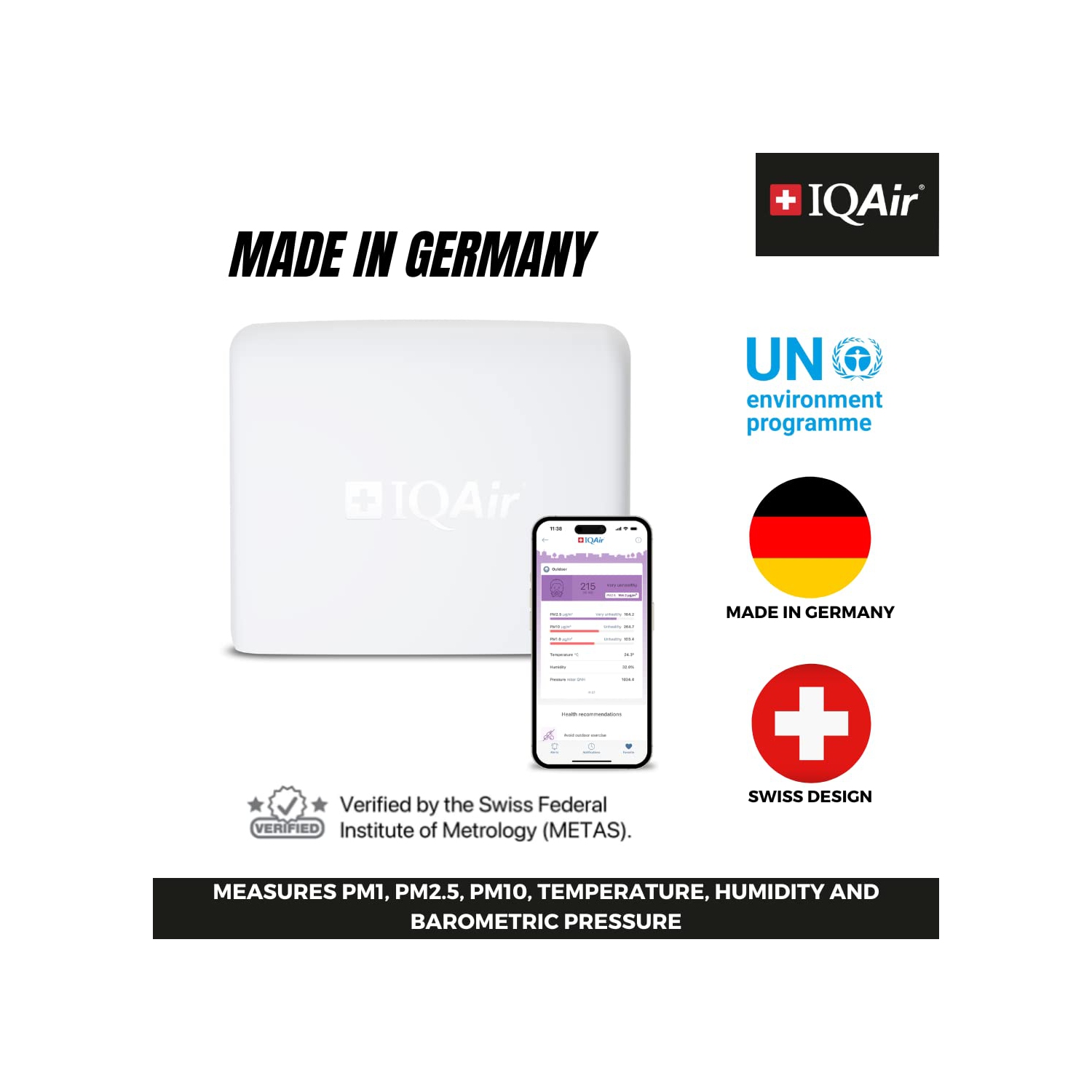 AirVisual Outdoor : moniteur de qualité de l’air extérieur, qui mesure les PM1, les PM2,5, les PM10, le CO2, la température, l’humidité et la