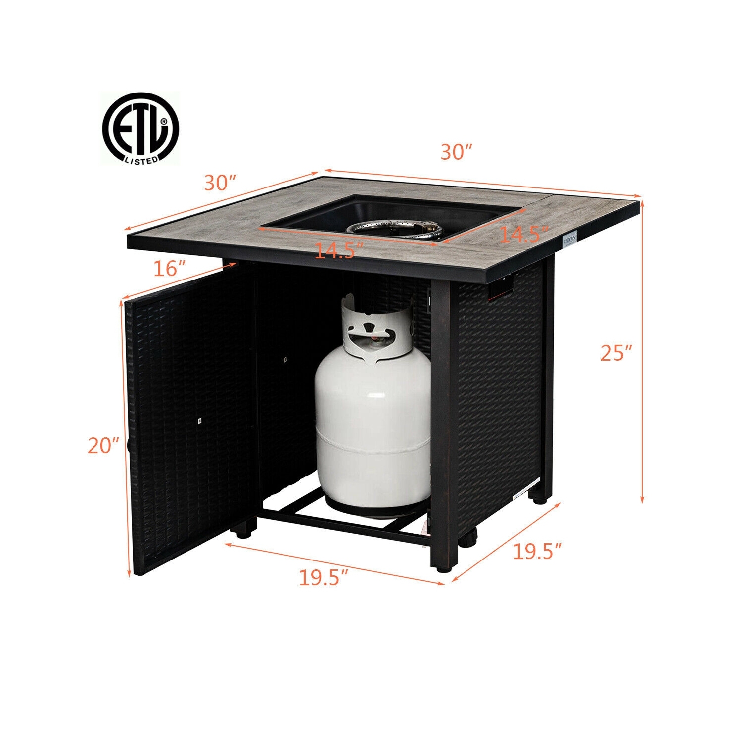 30 Inch Square Propane Gas Fire Pit Table Ceramic Tabletop