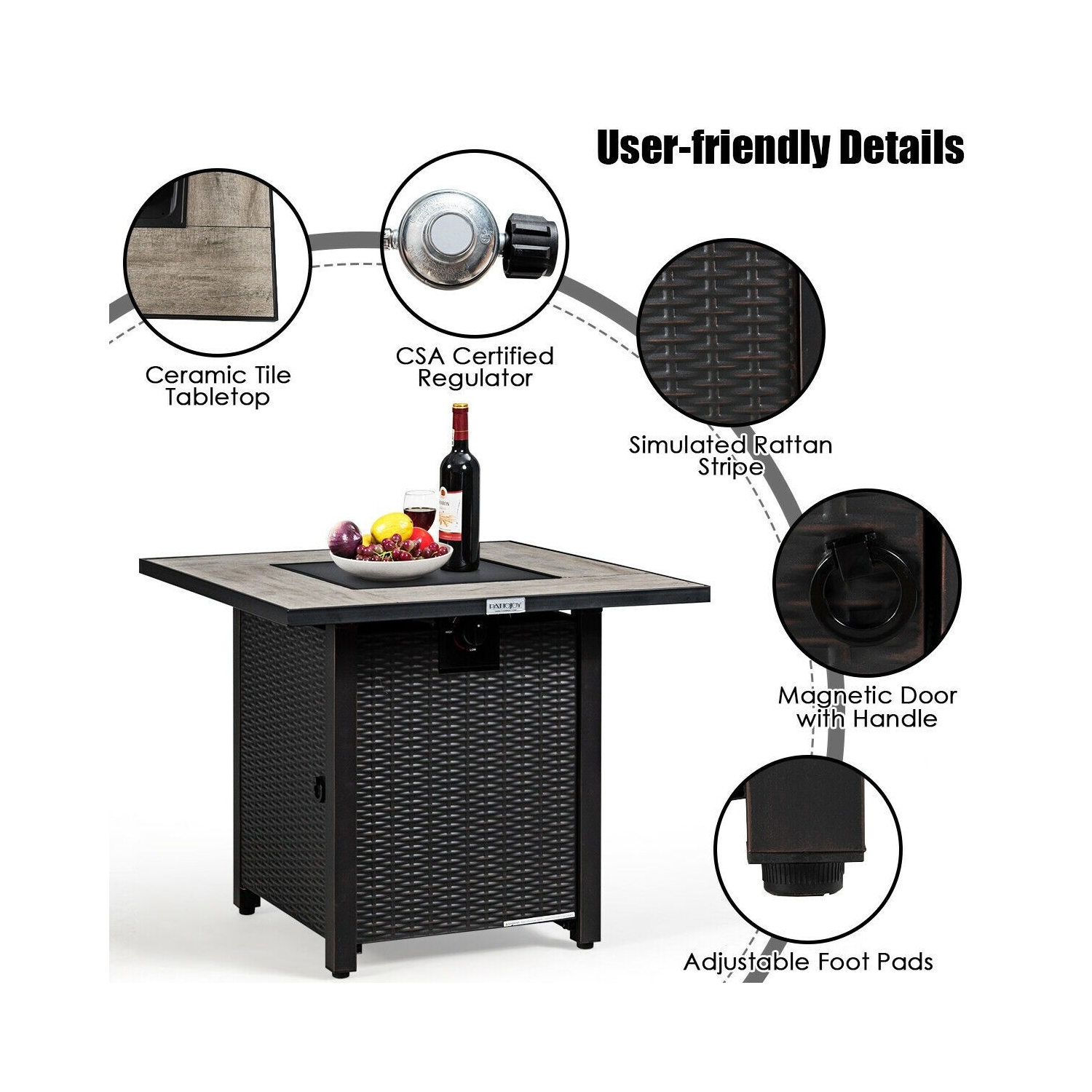 30 Inch Square Propane Gas Fire Pit Table Ceramic Tabletop