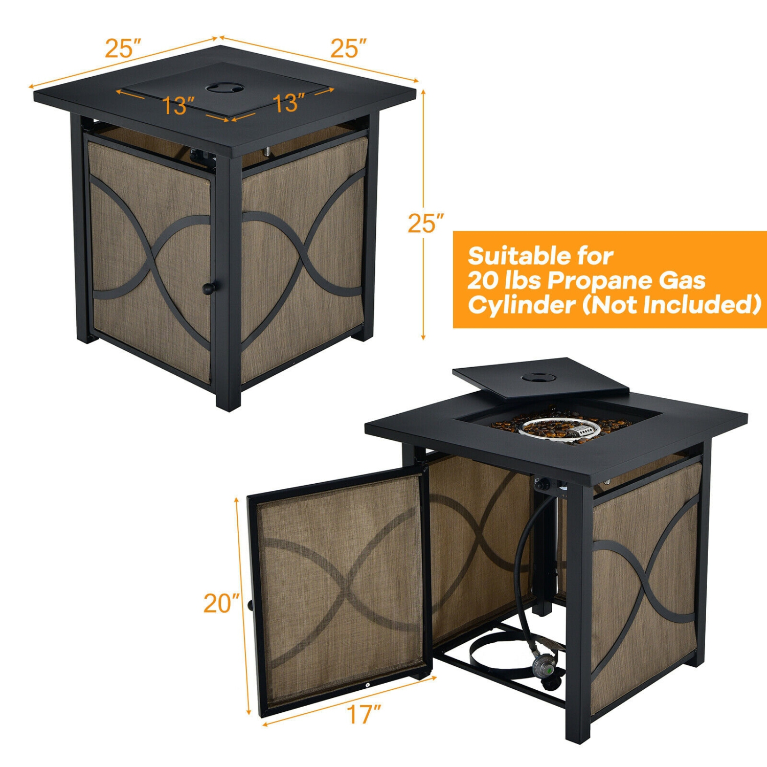 25 Inch 40000 BTU Propane Fire Pit Table with Lid and Fire Glass