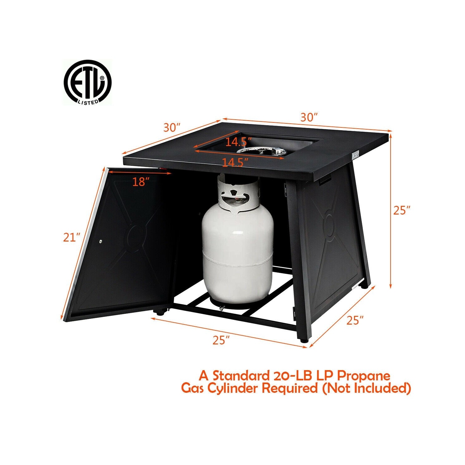 30" Square Propane Gas Fire Table with Waterproof Cover