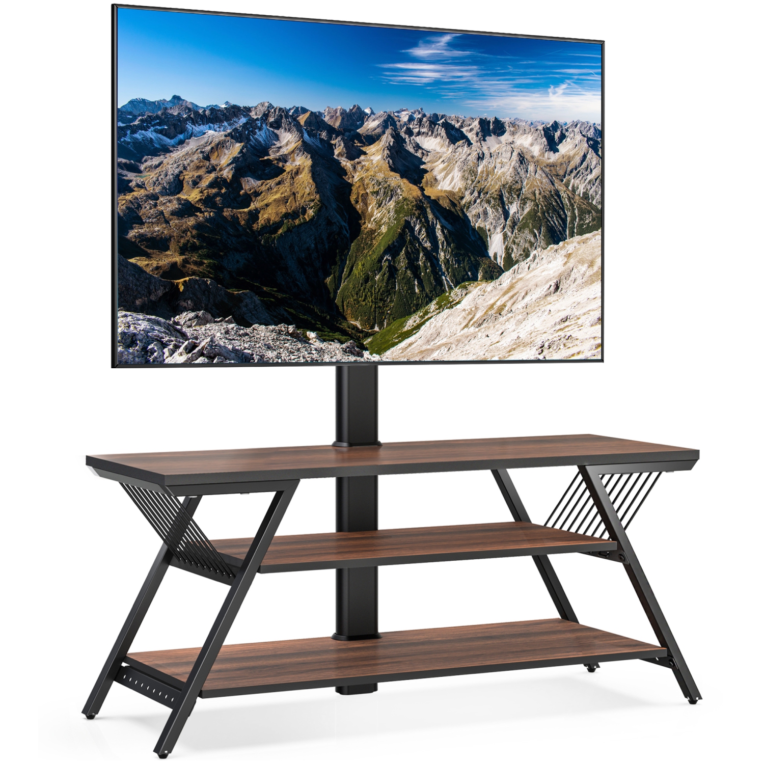 FITUEYES Floor TV Stand with Mount 3 Tier Wooden Shelves for 32 - 65 inch TV Entertainment Center Table with Swivel & Height Adjustable for LCD/LED Flat Curved Screens Max VESA 600x400mm