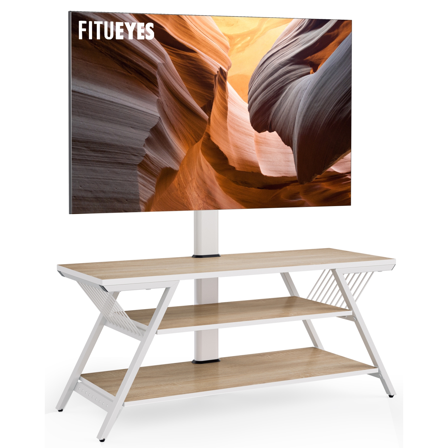 FITUEYES White TV Stand with Mount 3 Tier for 32 - 65 inch TV Cabinet Table with Open Storage & Height Adjustable for LCD/LED Flat Curved Screens Max VESA 600x400mm