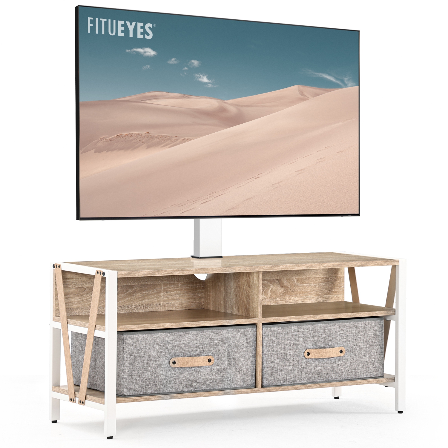 FITUEYES White TV Stand Wood with Swivel Mount for 37-75 Inch TV, Entertainment Center Table with Removable Fabric Drawers Storage & Height Adjustable Max VESA 600x400mm