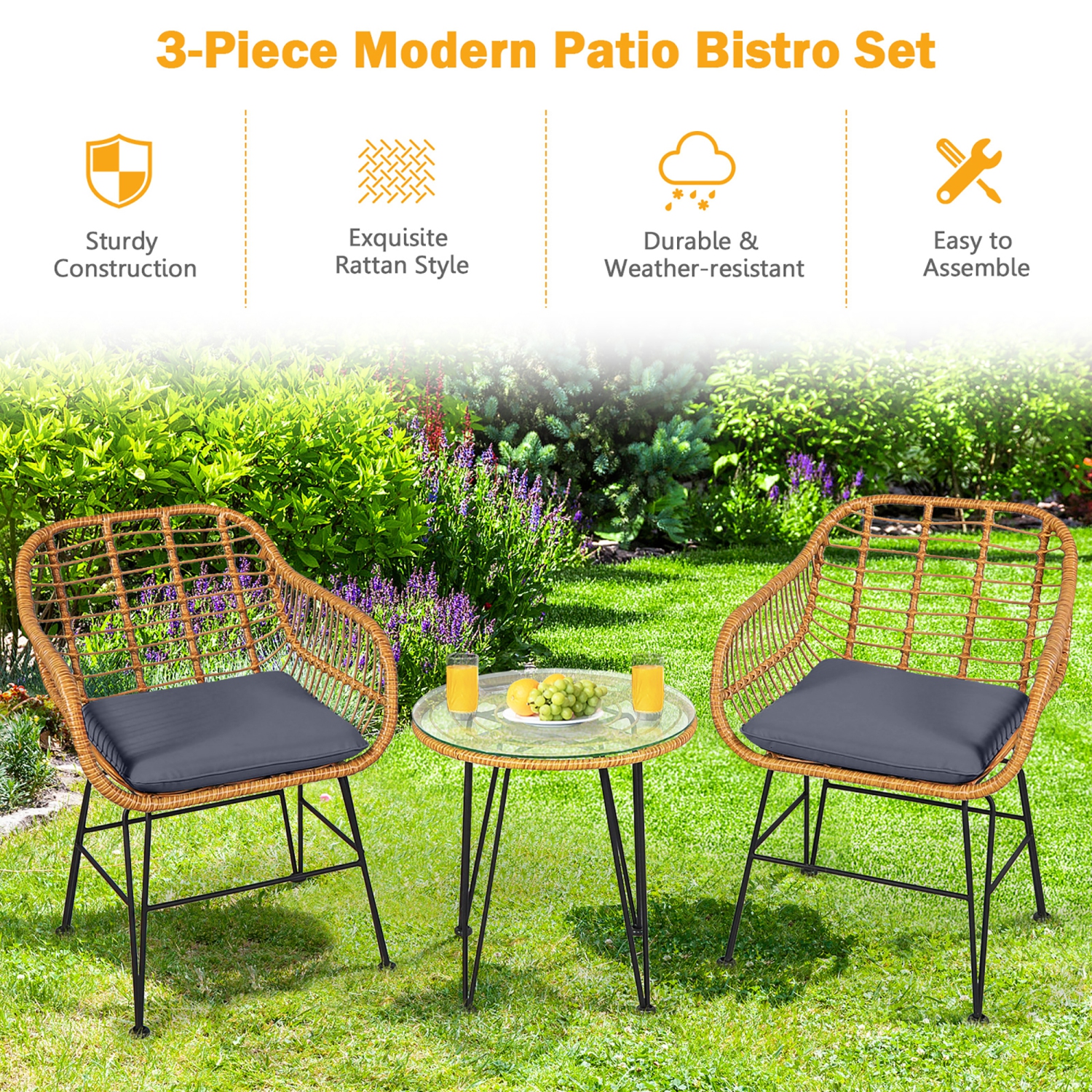 Gymax 3PCS Rattan Patio Bistro Set Conversation Furniture Set w/ Cushions