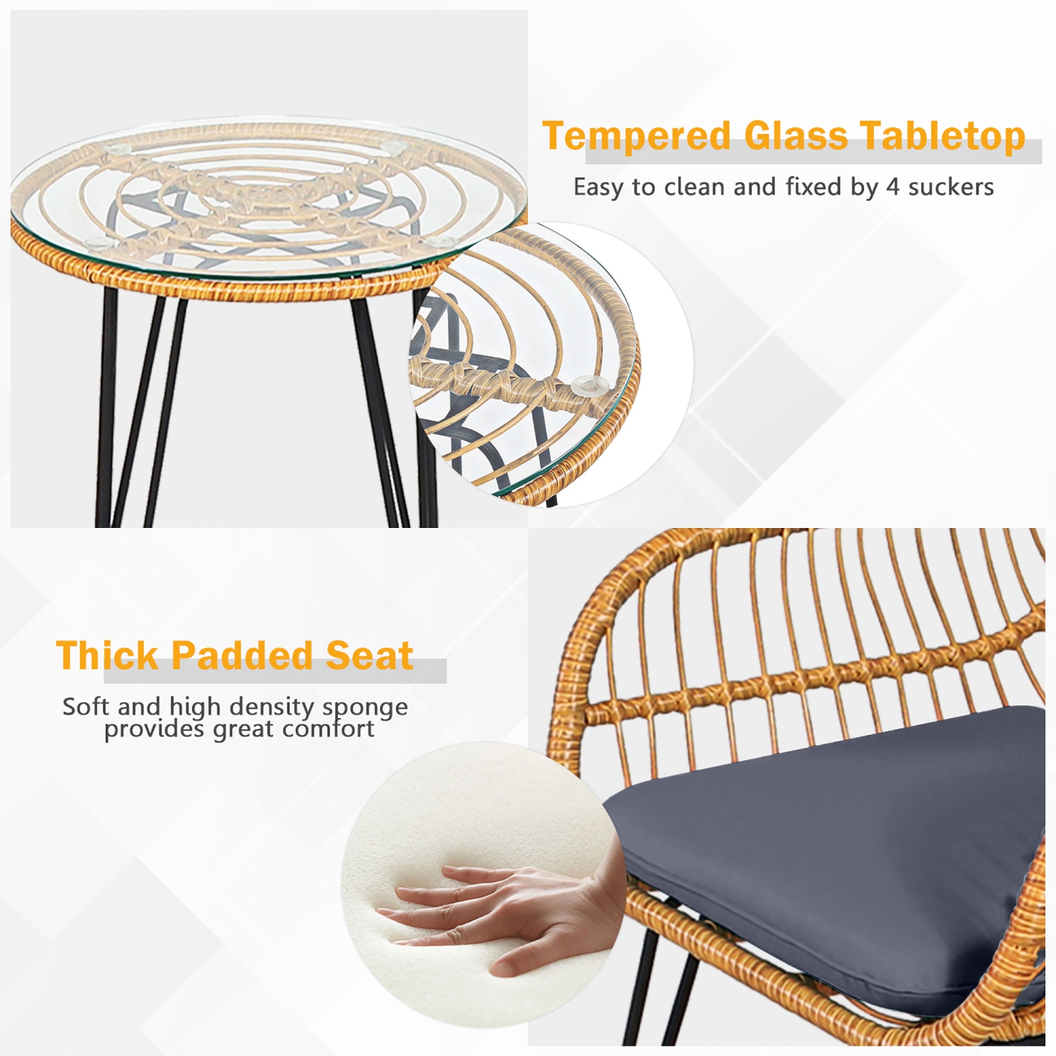 Gymax 3PCS Rattan Patio Bistro Set Conversation Furniture Set w/ Cushions