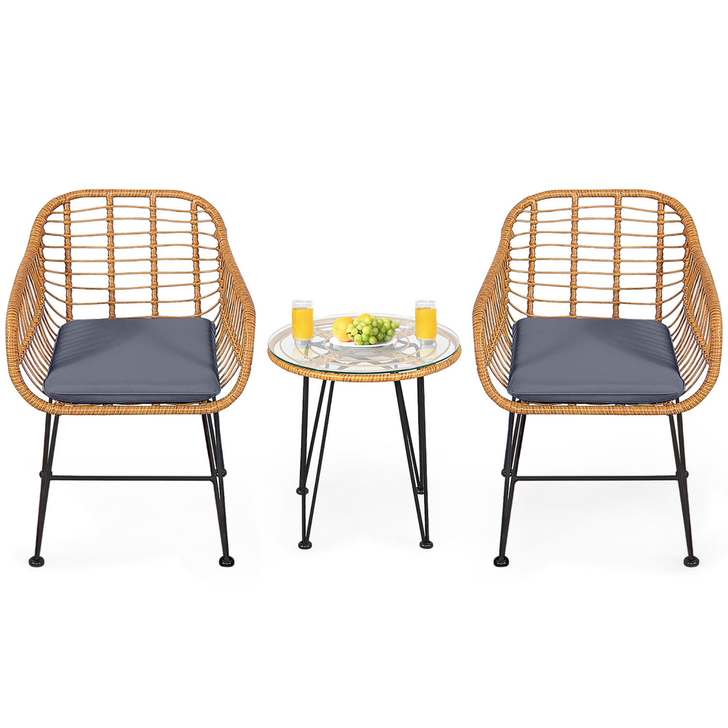 Gymax 3PCS Rattan Patio Bistro Set Conversation Furniture Set w/ Cushions