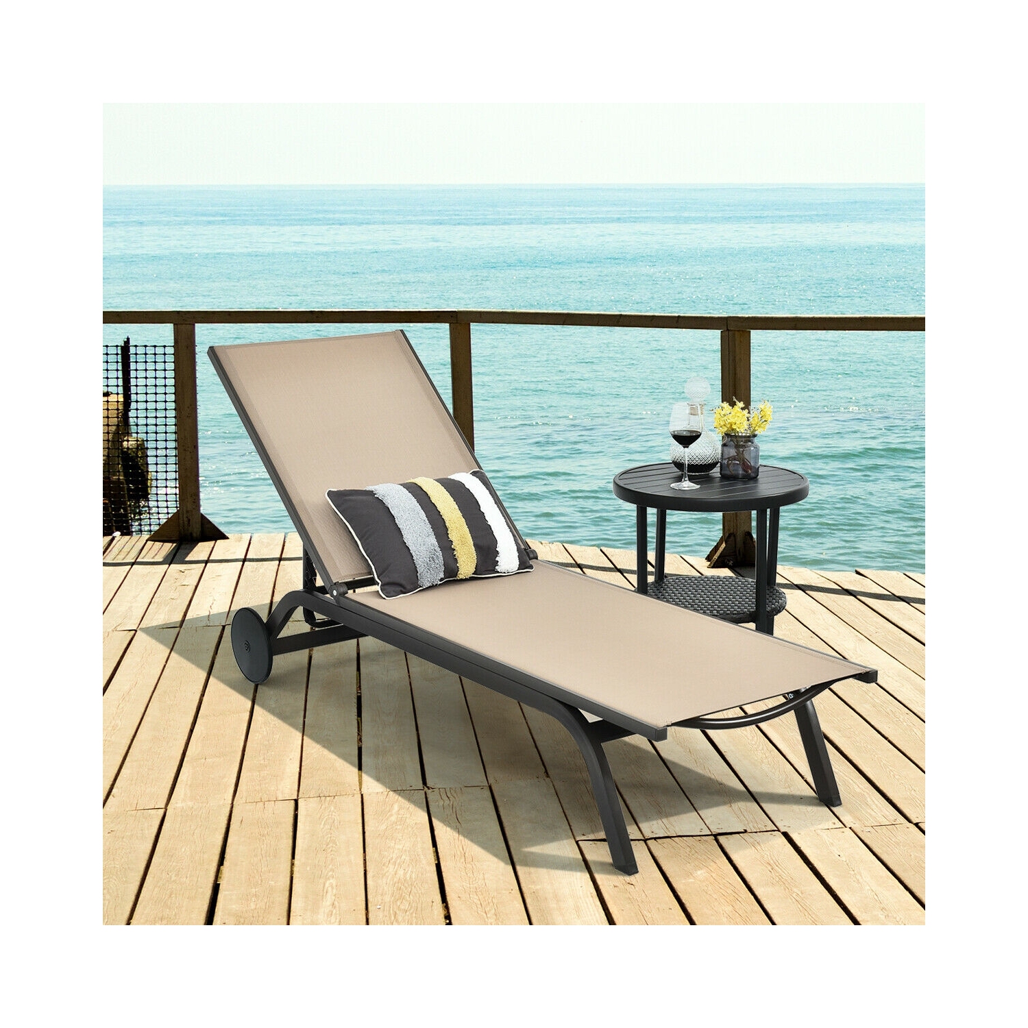 Chaise longue de patio en tissu d’aluminium avec inclinaison ajustable - Brun