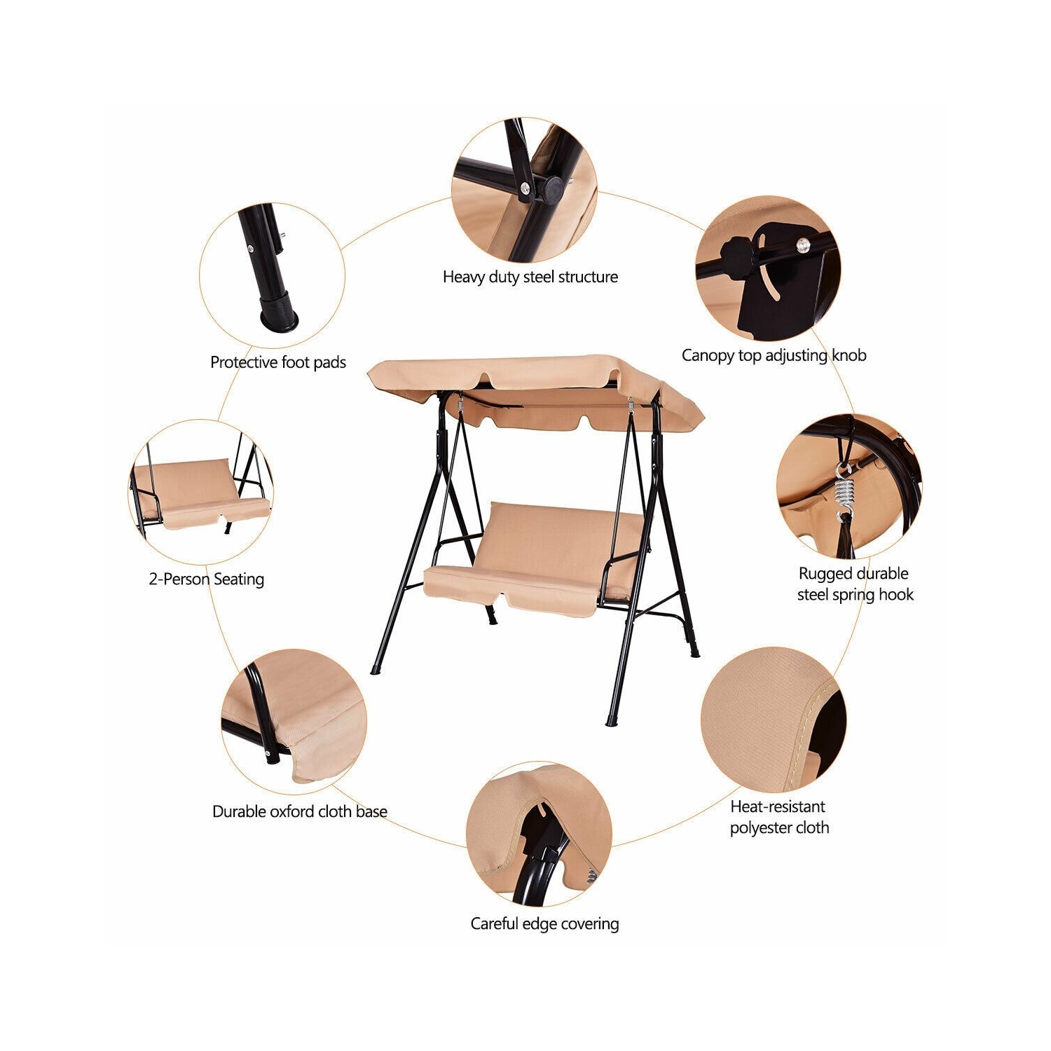 Outdoor Canopy Swing 2 Person Weather Resistant for Garden and Lawn