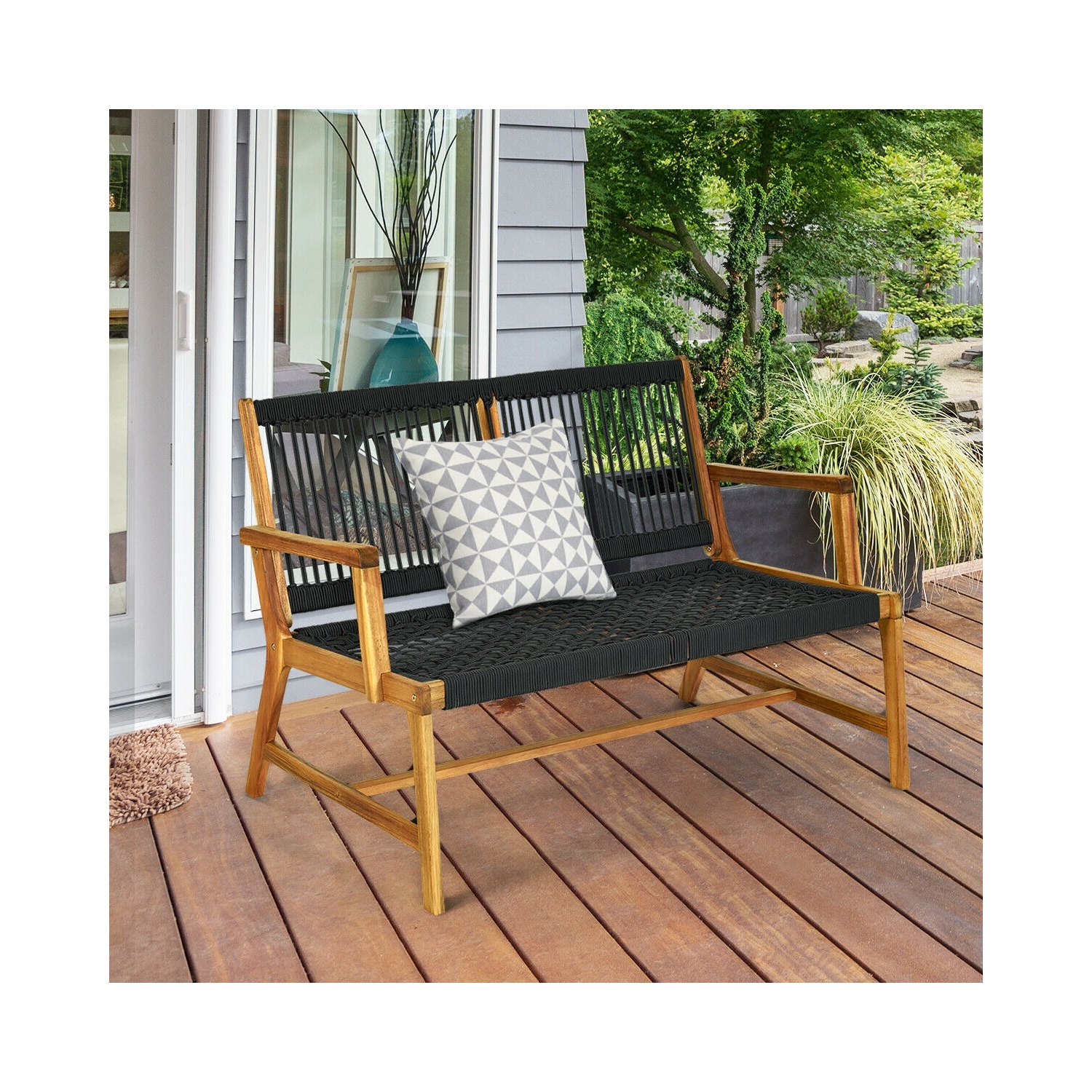 2-Person Acacia Wood Yard Bench for Balcony and Patio-Black