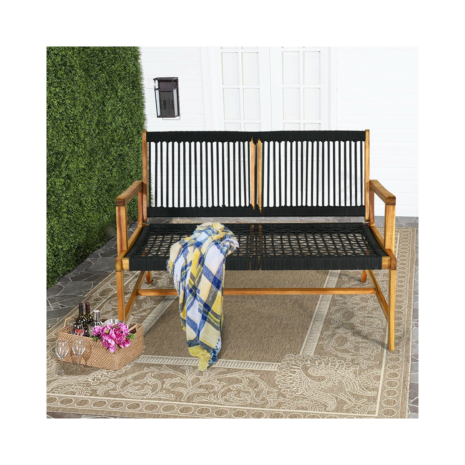 2-Person Acacia Wood Yard Bench for Balcony and Patio-Black