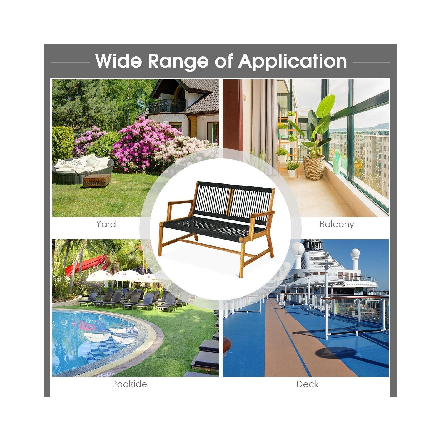 2-Person Acacia Wood Yard Bench for Balcony and Patio-Black