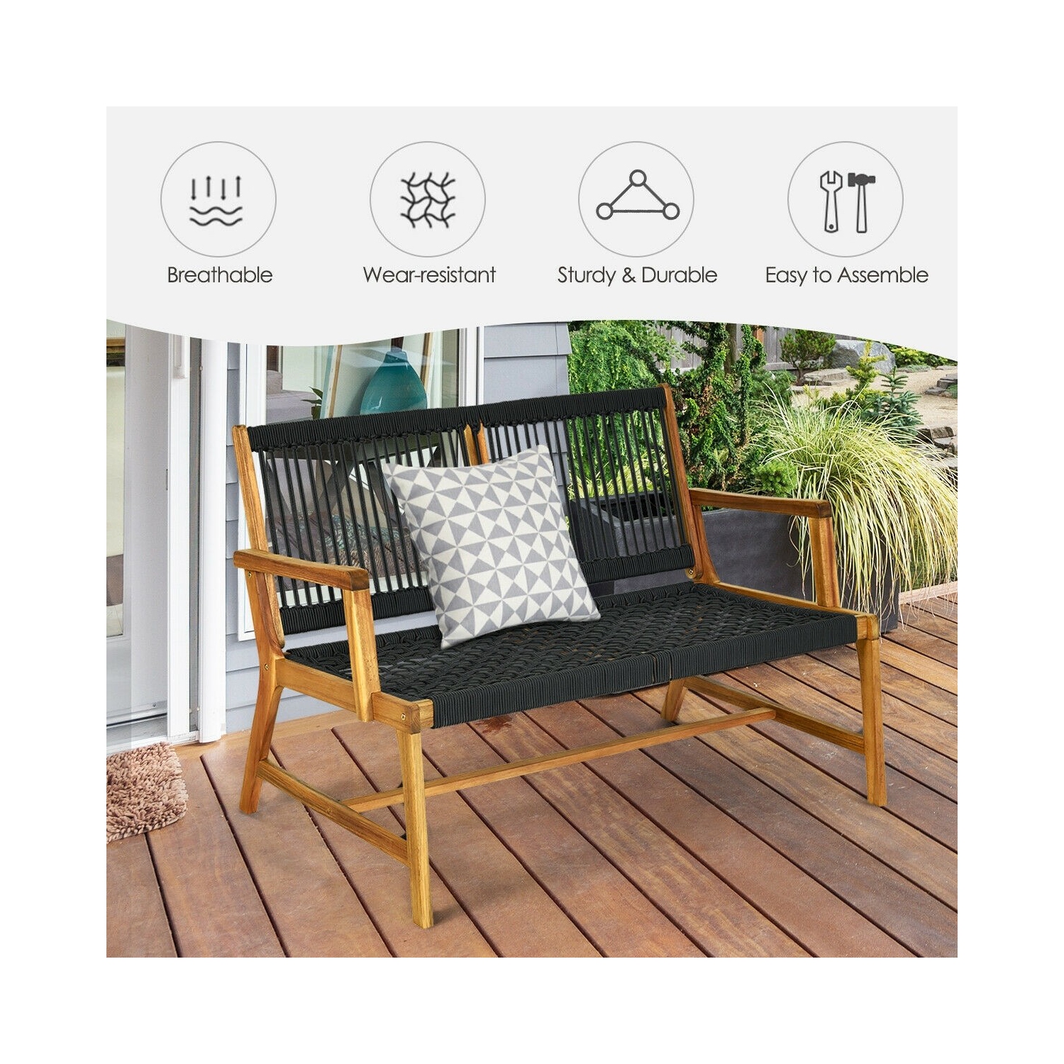 2-Person Acacia Wood Yard Bench for Balcony and Patio-Black