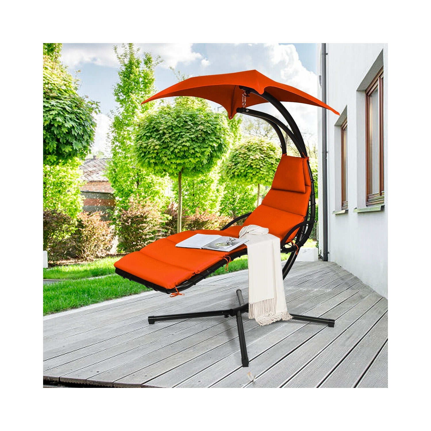 Chaise longue suspendue avec support et coussin pour l'extérieur