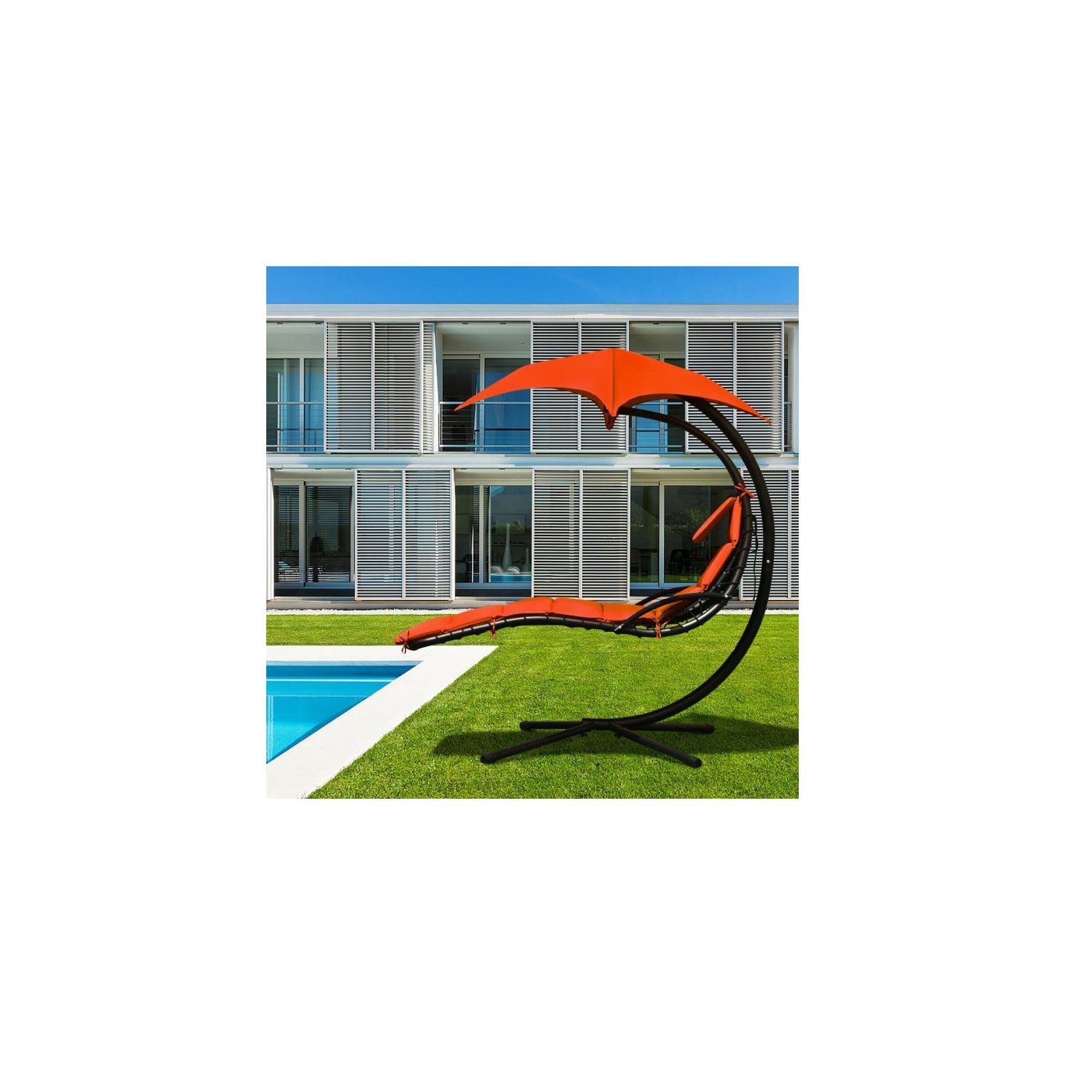 Chaise longue suspendue avec support et coussin pour l'extérieur