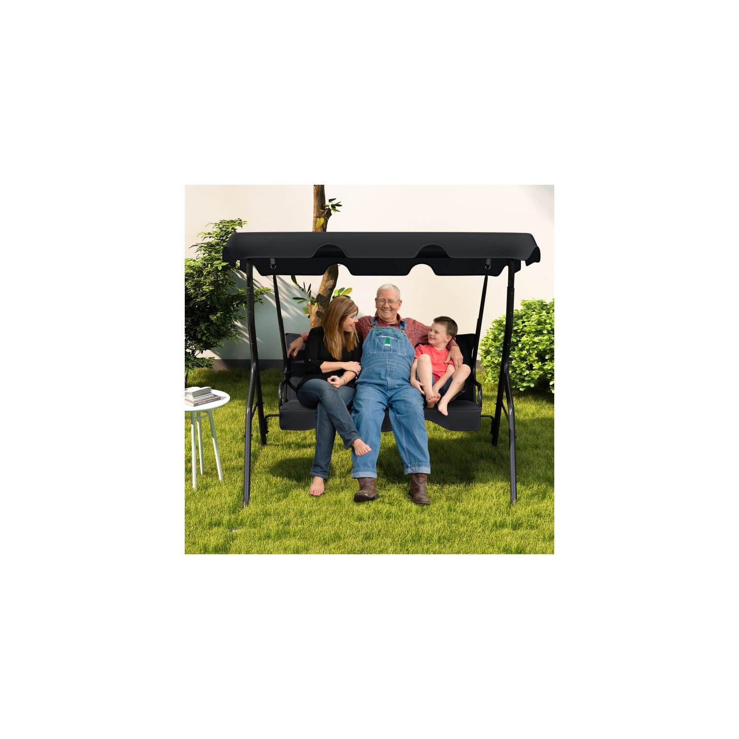 3 Seat Outdoor Patio Canopy Swing with Cushioned Steel Frame