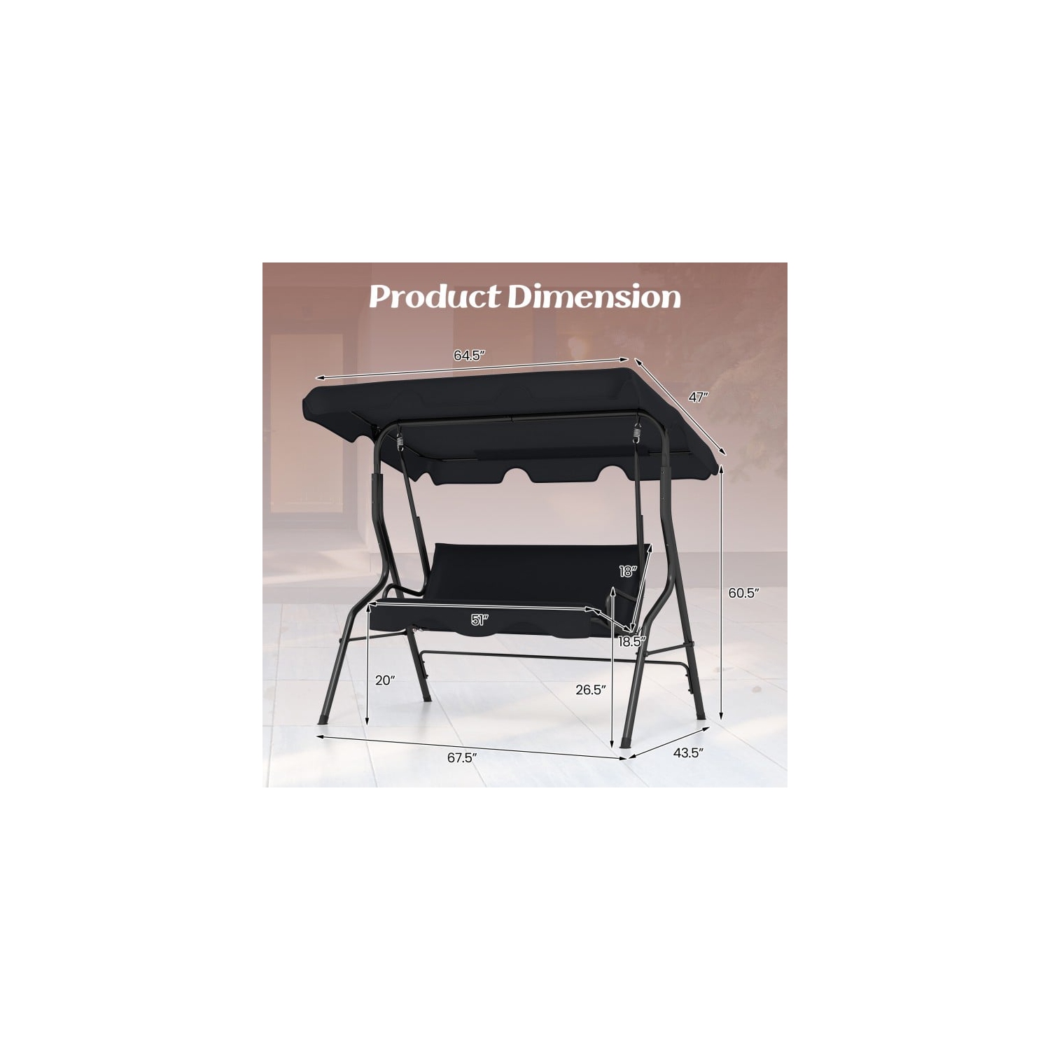 3 Seat Outdoor Patio Canopy Swing with Cushioned Steel Frame