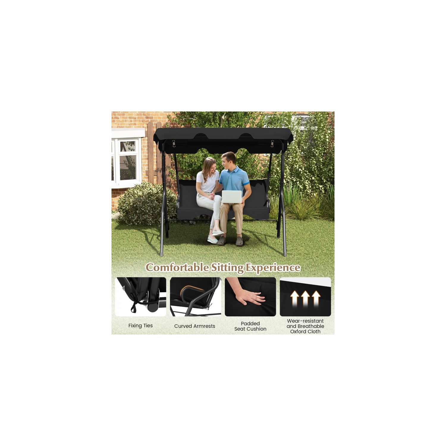 3 Seat Outdoor Patio Canopy Swing with Cushioned Steel Frame