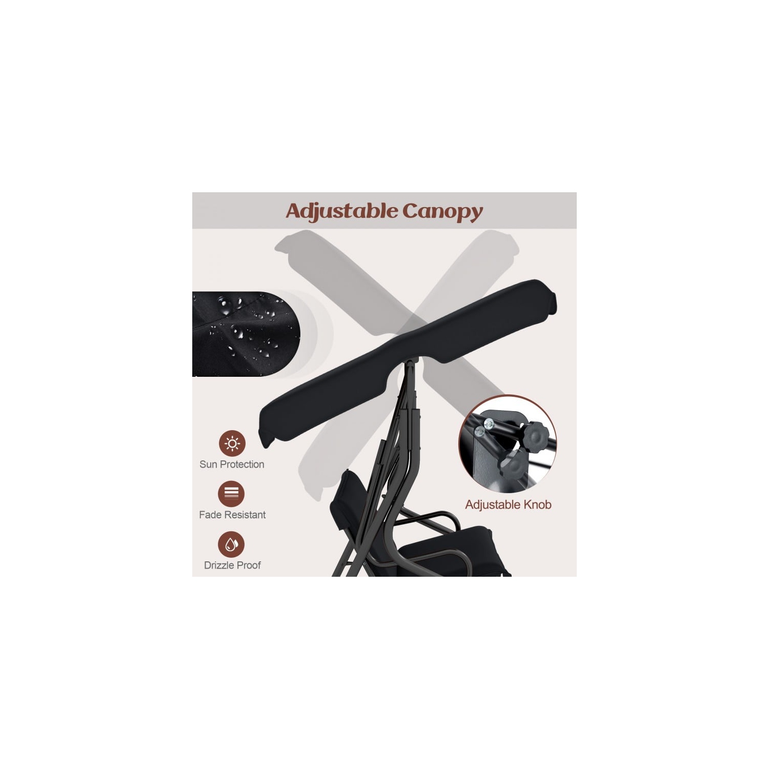 3 Seat Outdoor Patio Canopy Swing with Cushioned Steel Frame