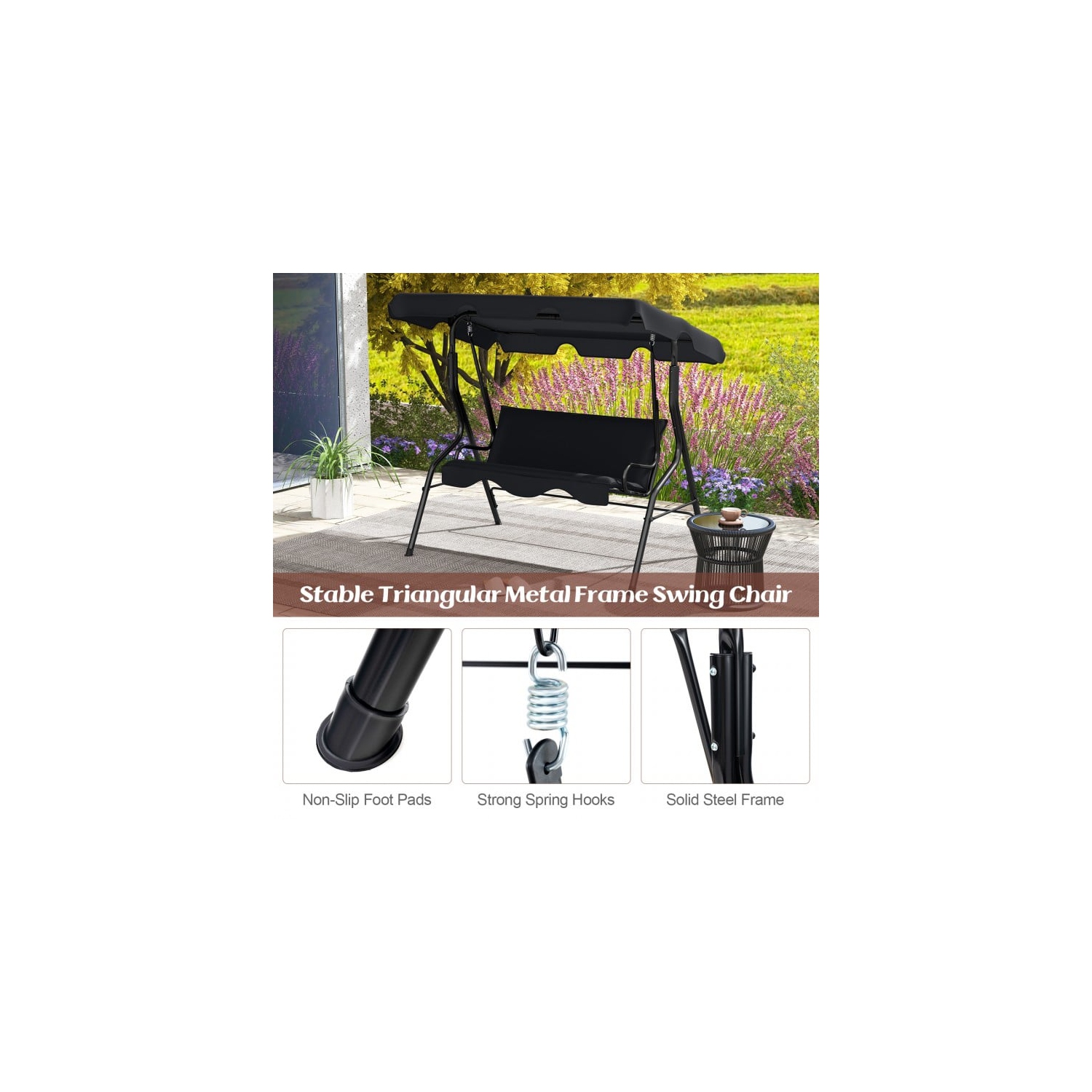 3 Seat Outdoor Patio Canopy Swing with Cushioned Steel Frame