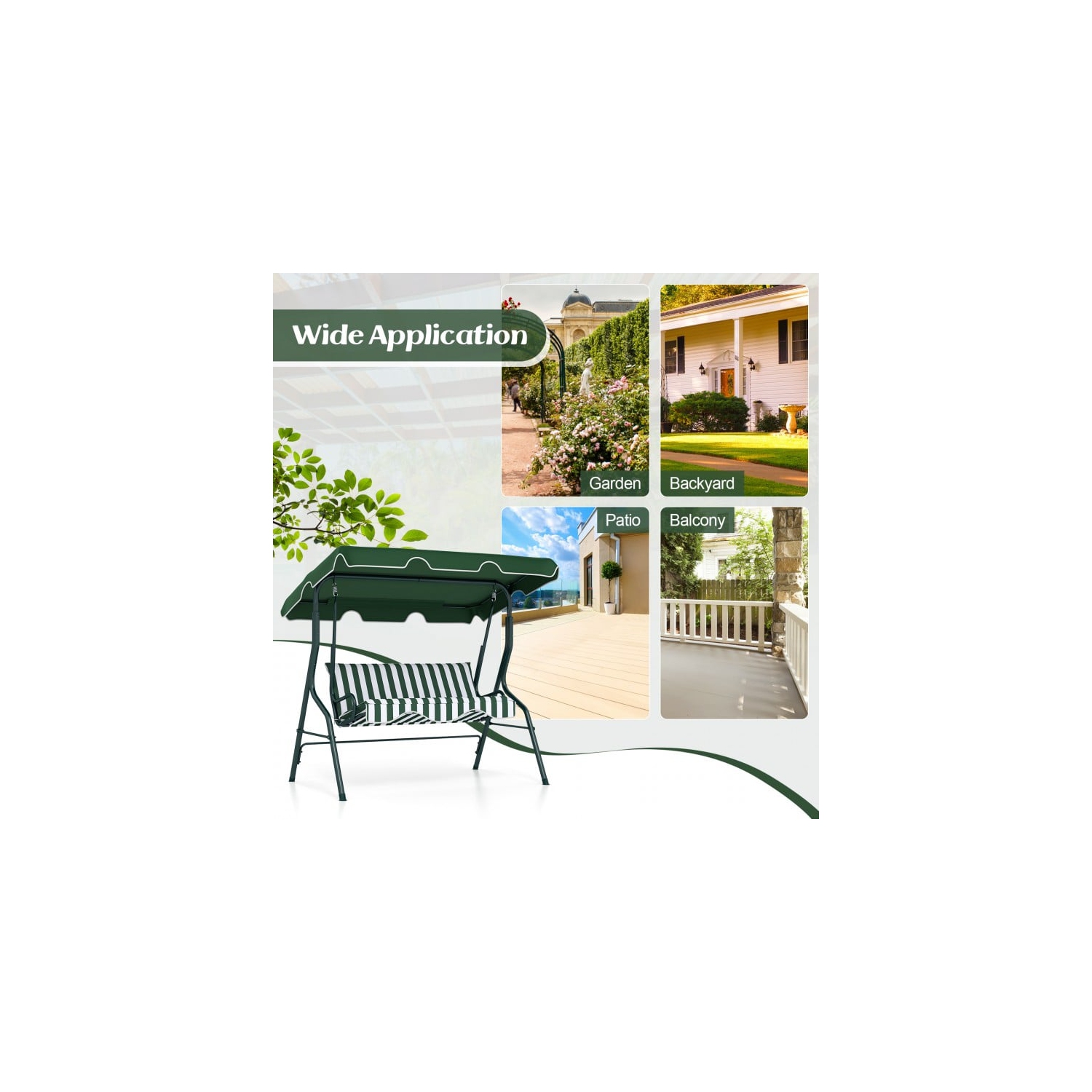 3 Seat Outdoor Patio Canopy Swing with Cushioned Steel Frame