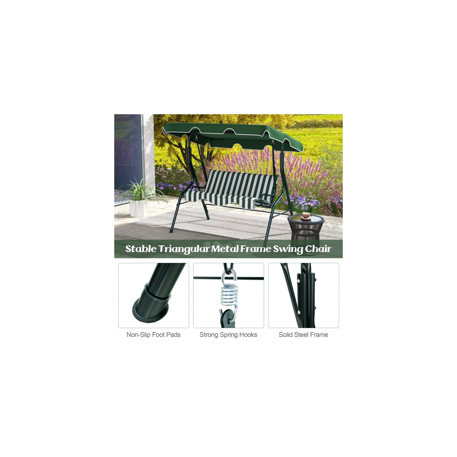3 Seat Outdoor Patio Canopy Swing with Cushioned Steel Frame