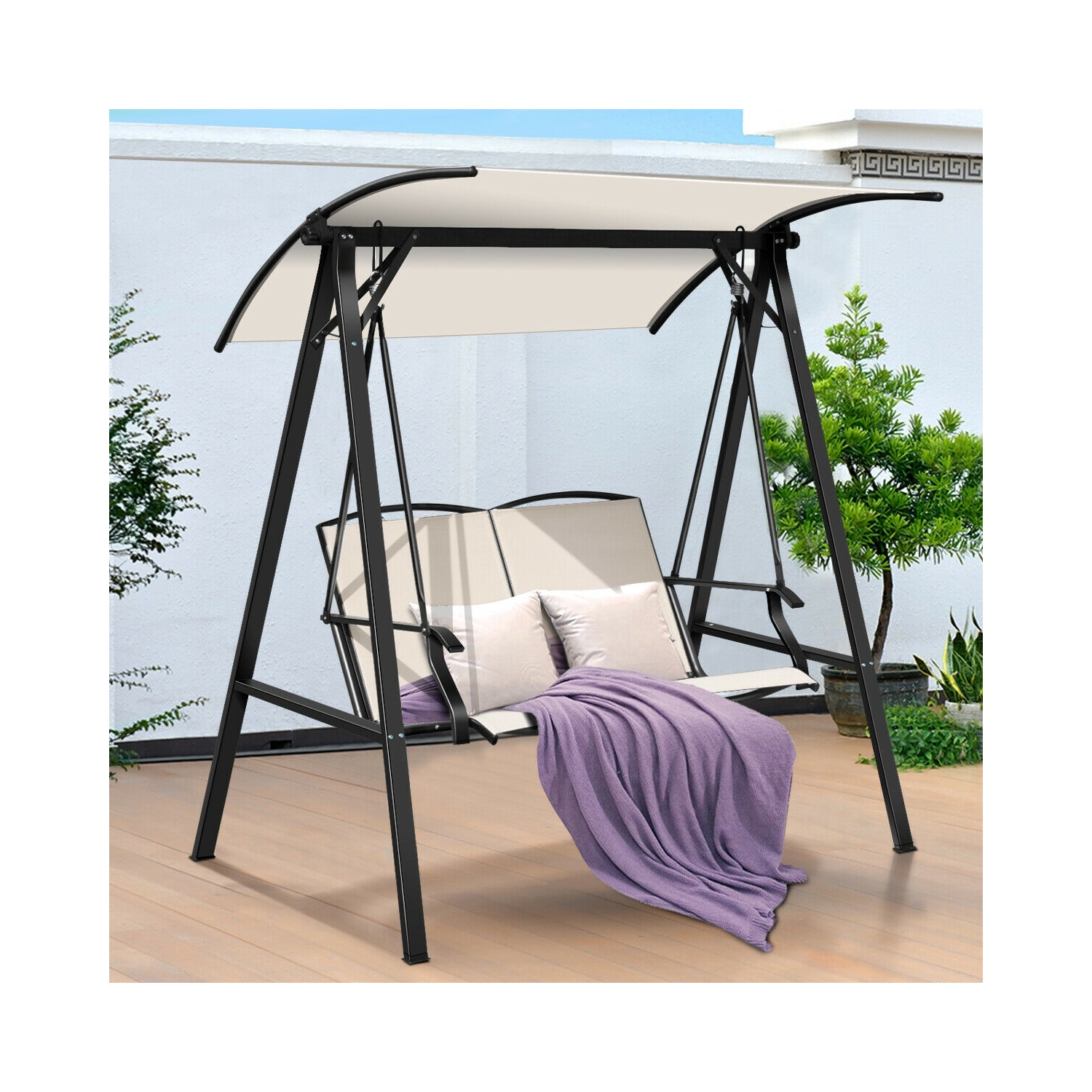 2 Person Patio Swing with Weather Resistant Glider and Adjustable Canopy-Beige