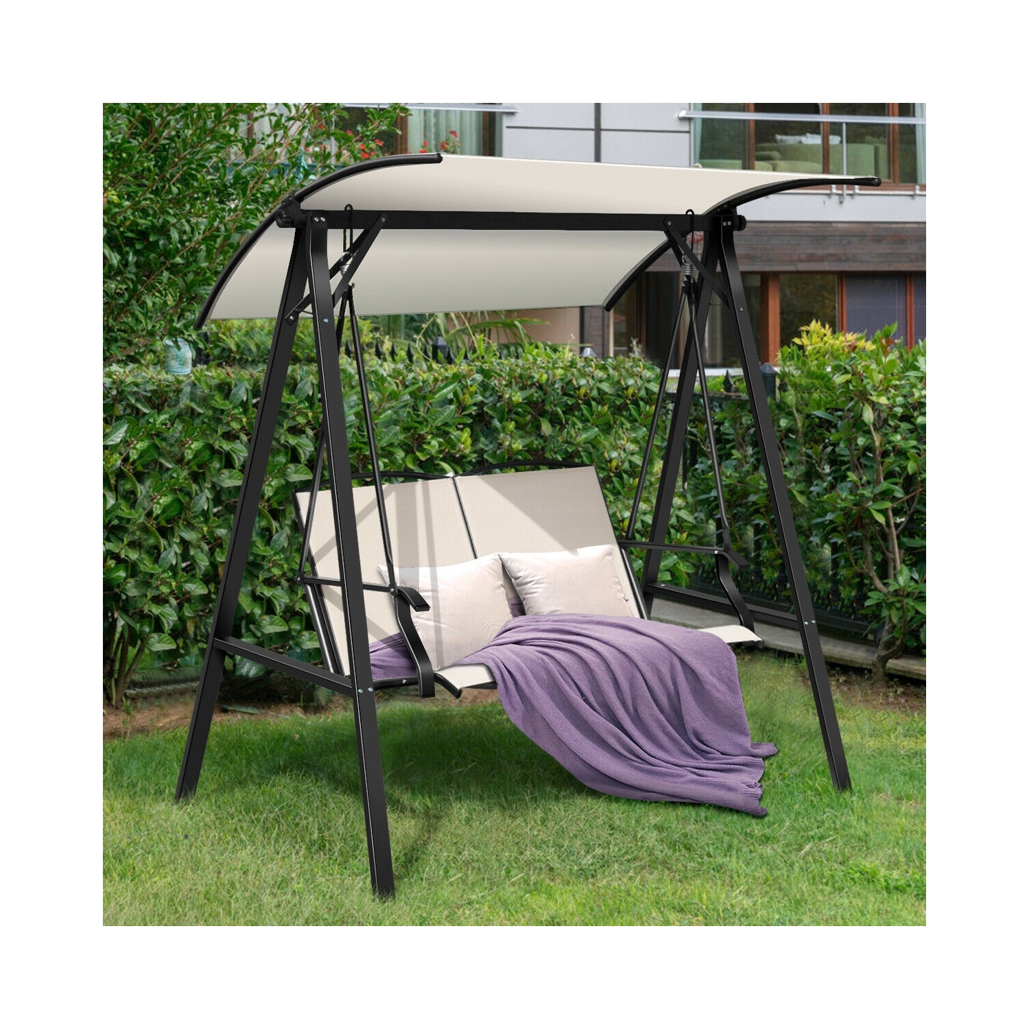2 Person Patio Swing with Weather Resistant Glider and Adjustable Canopy-Beige