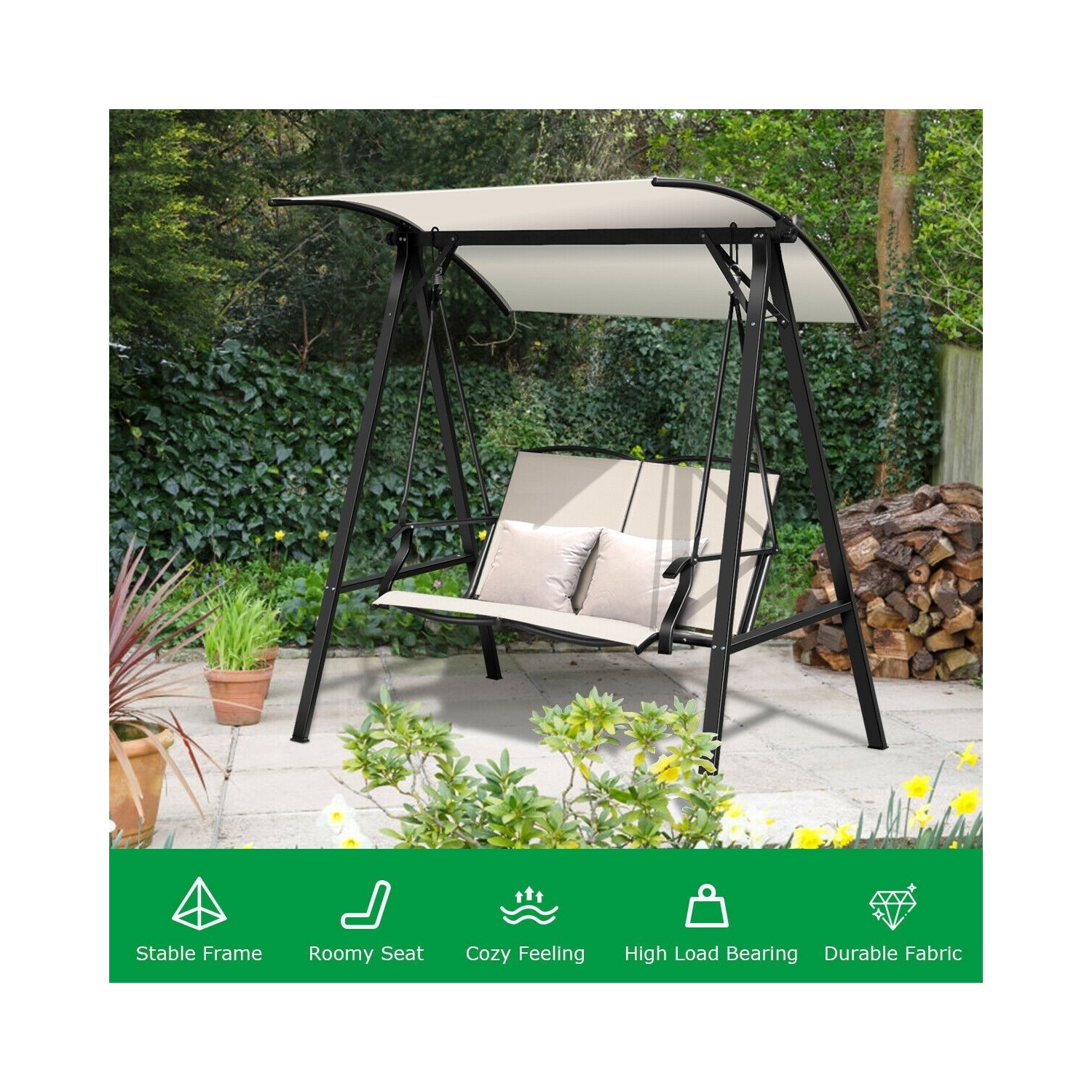 2 Person Patio Swing with Weather Resistant Glider and Adjustable Canopy-Beige