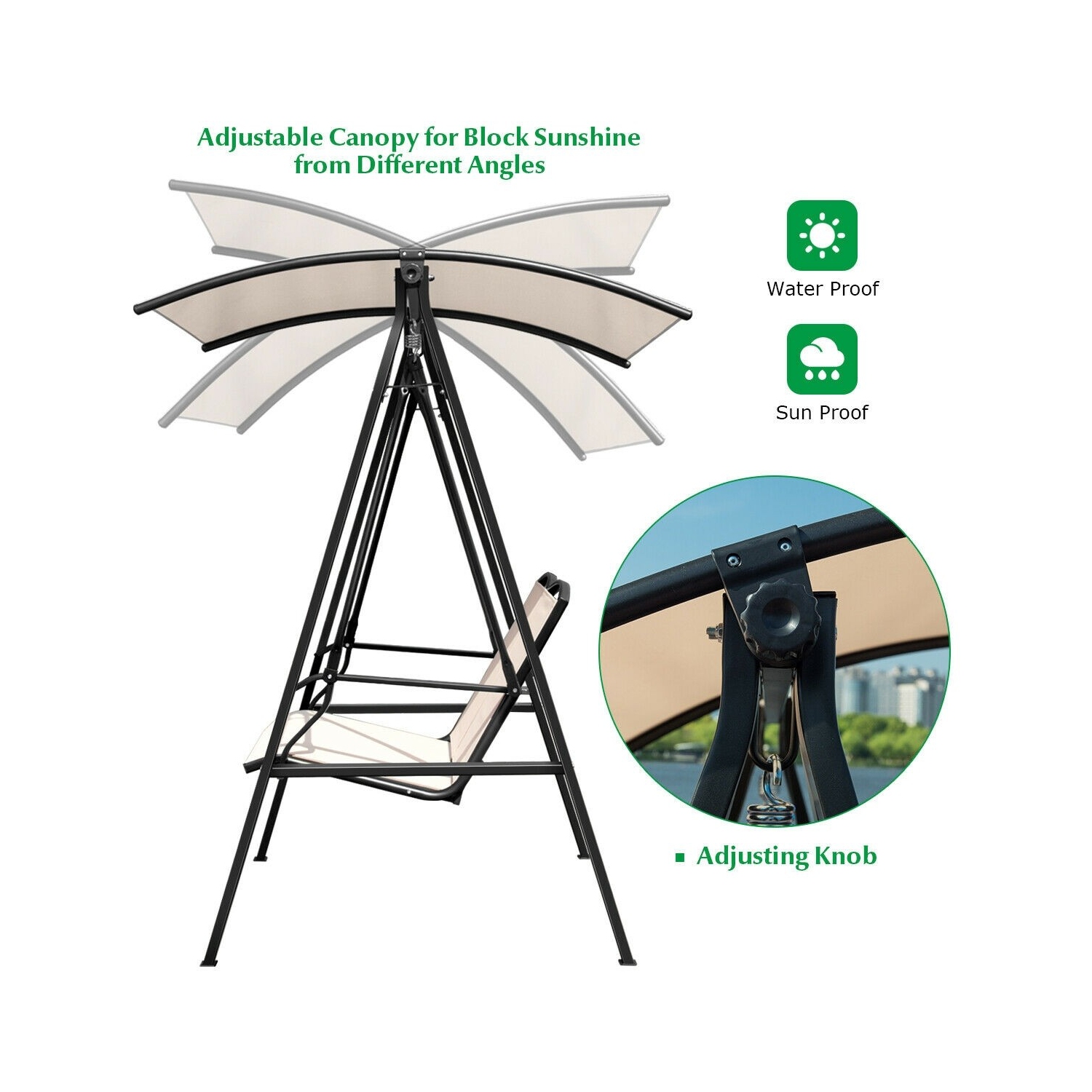 2 Person Patio Swing with Weather Resistant Glider and Adjustable Canopy-Beige