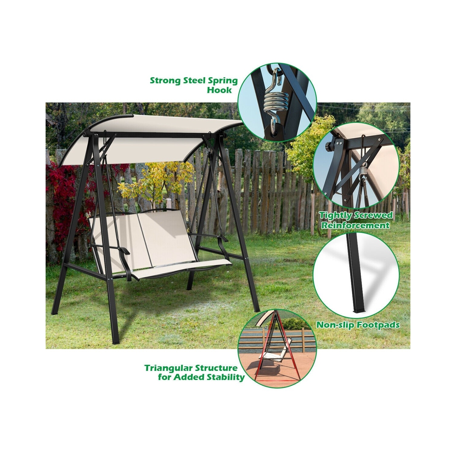 2 Person Patio Swing with Weather Resistant Glider and Adjustable Canopy-Beige