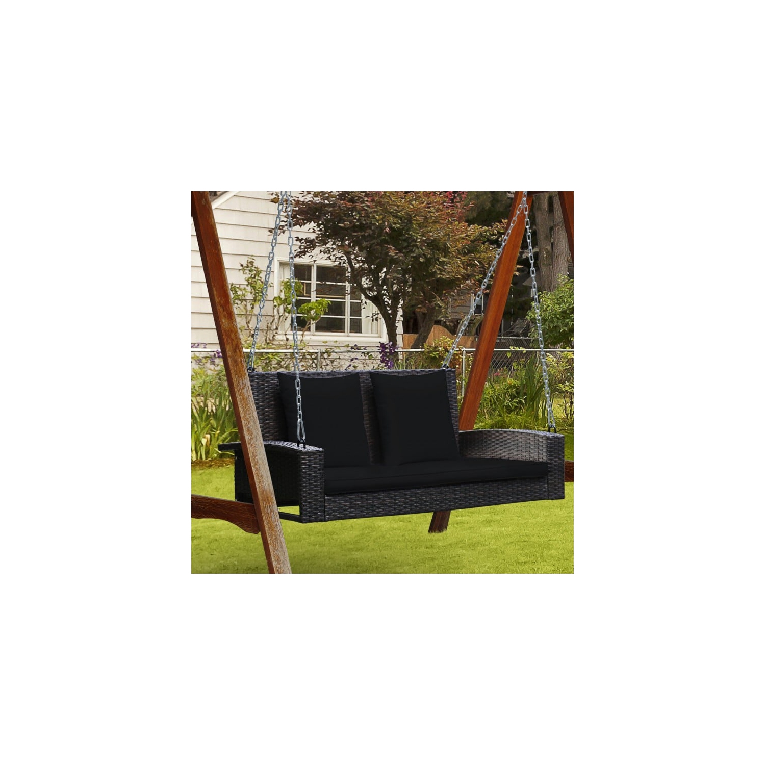 2-Person Wicker Hanging Porch Swing with 2 Back Cushions and 1 Seat Cushion
