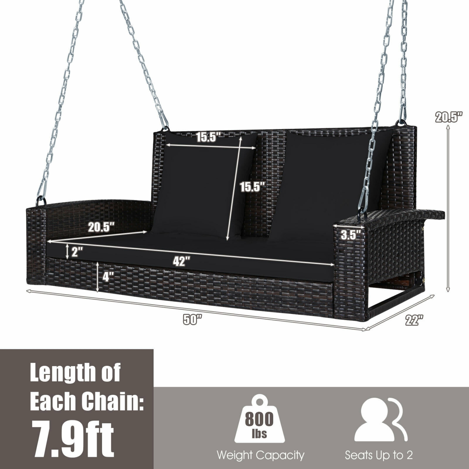 2-Person Wicker Hanging Porch Swing with 2 Back Cushions and 1 Seat Cushion