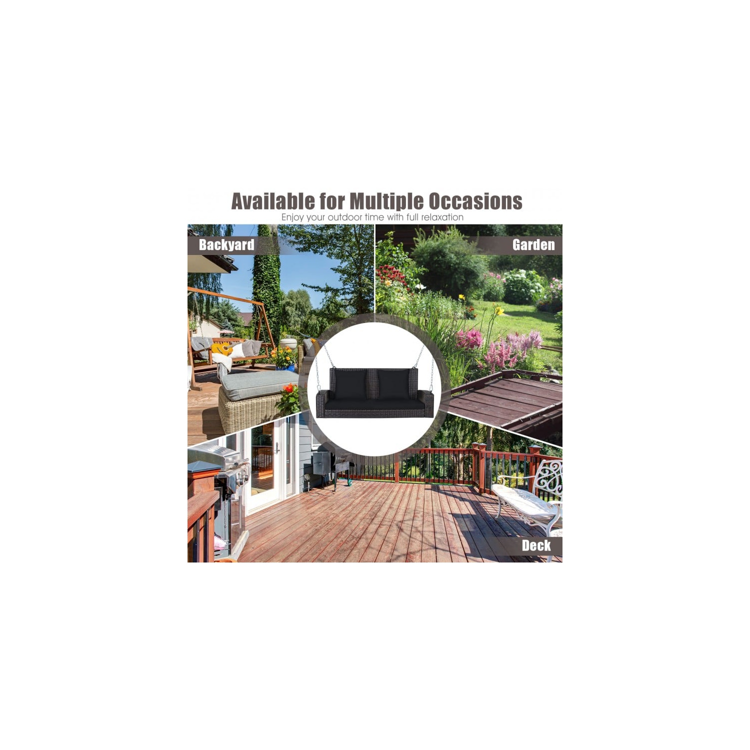 2-Person Wicker Hanging Porch Swing with 2 Back Cushions and 1 Seat Cushion