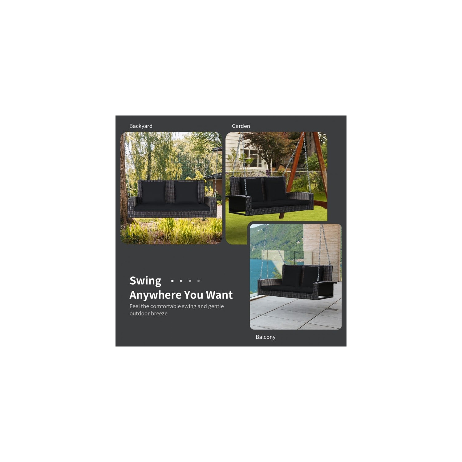 2-Person Wicker Hanging Porch Swing with 2 Back Cushions and 1 Seat Cushion