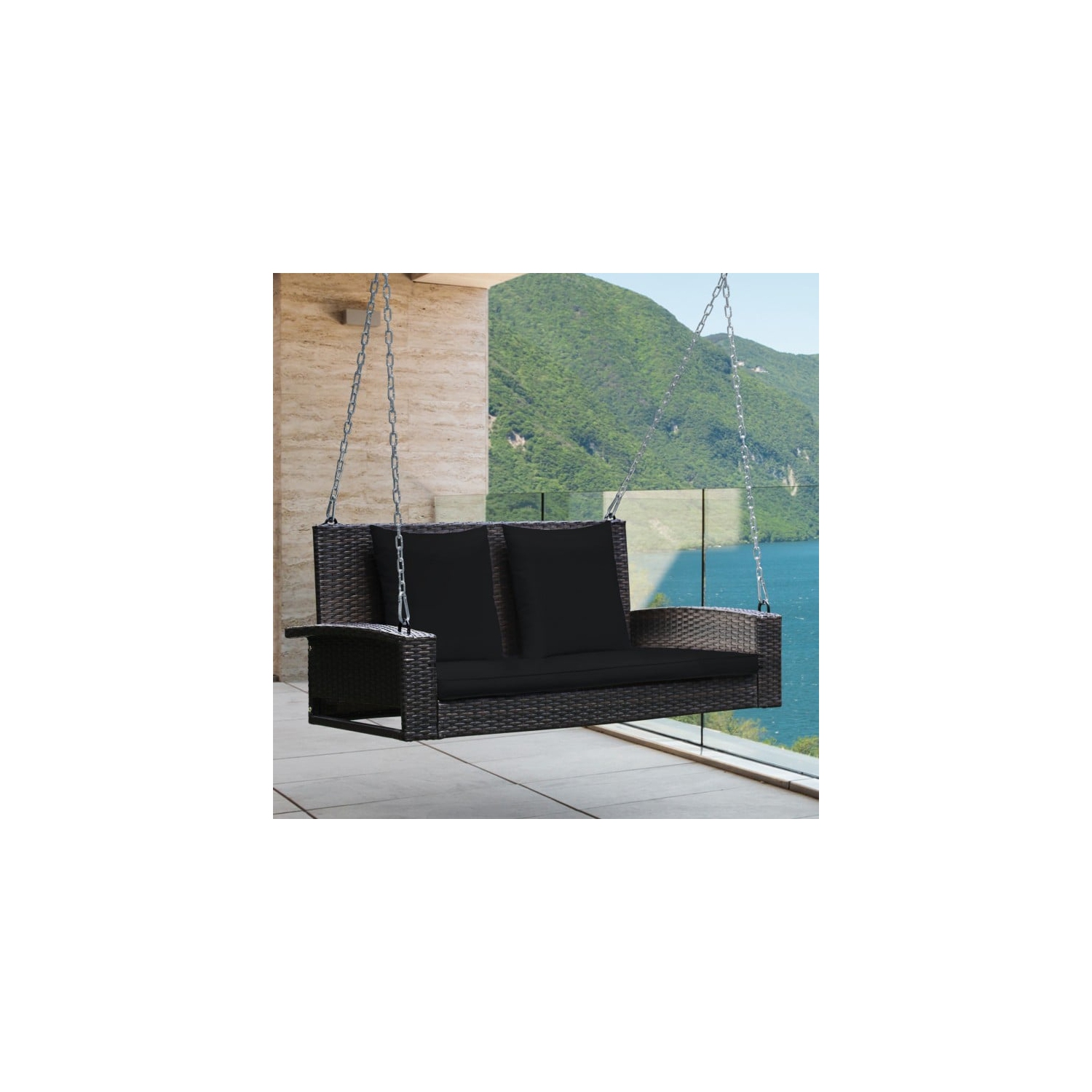 2-Person Wicker Hanging Porch Swing with 2 Back Cushions and 1 Seat Cushion