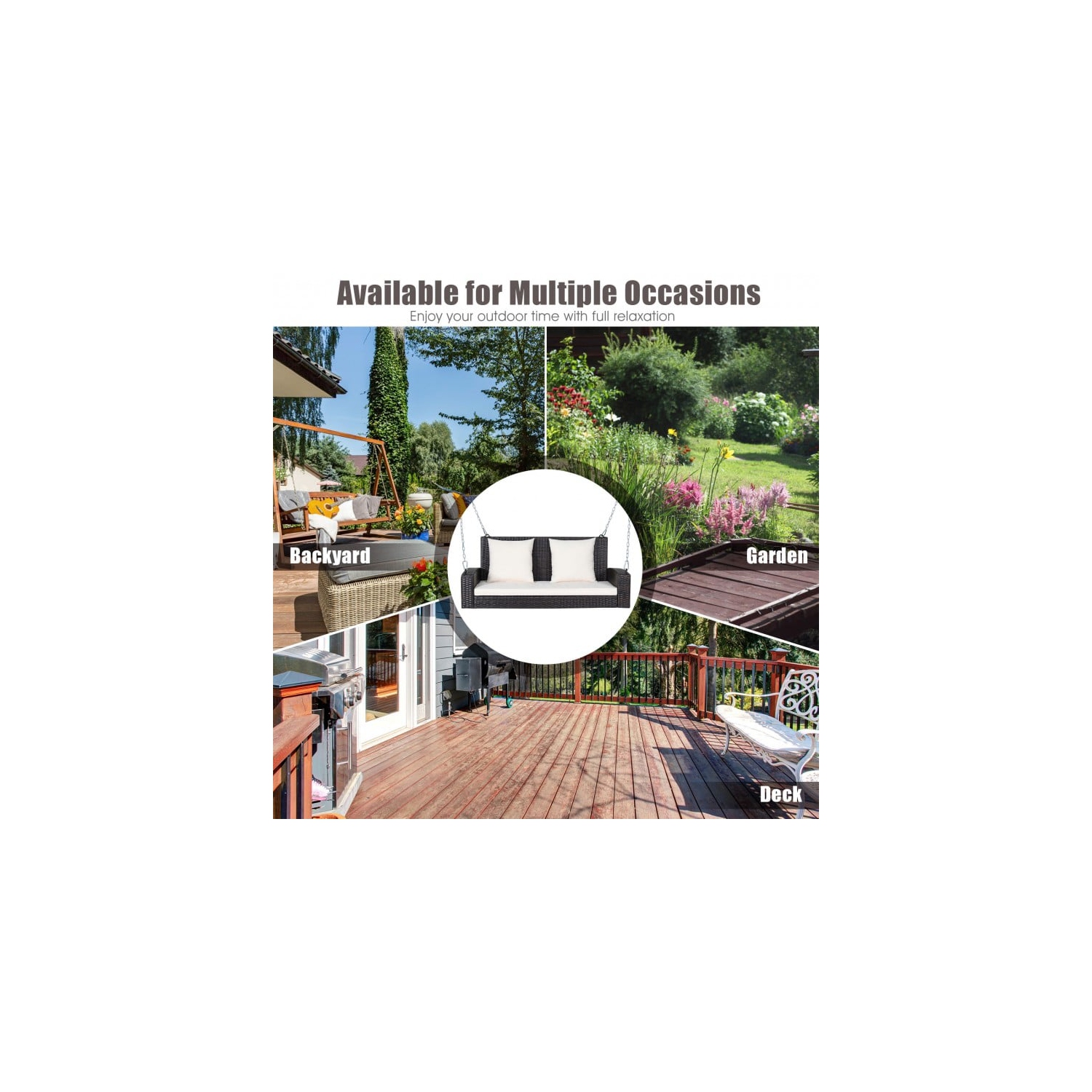 Balançoire de porche suspendue en osier pour 2 personnes avec 2 coussins de dossier et 1 coussin de siège