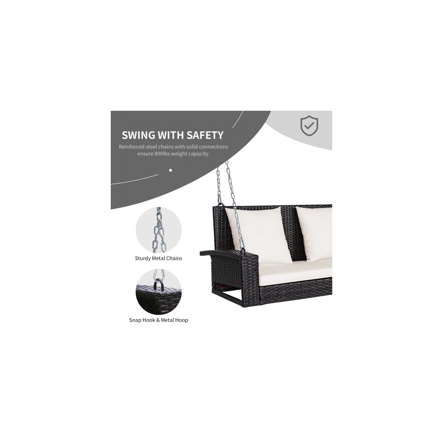 Balançoire de porche suspendue en osier pour 2 personnes avec 2 coussins de dossier et 1 coussin de siège