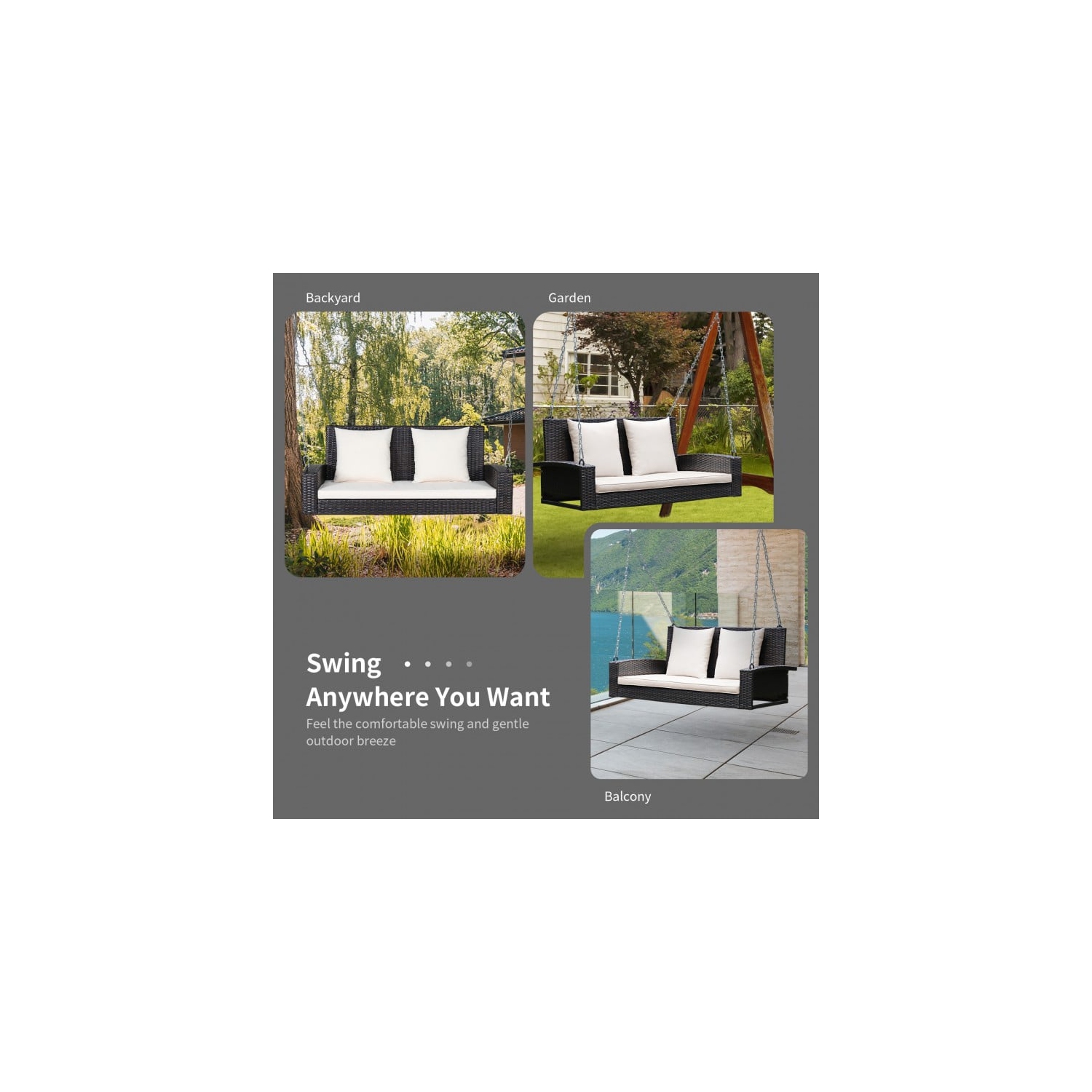 Balançoire de porche suspendue en osier pour 2 personnes avec 2 coussins de dossier et 1 coussin de siège