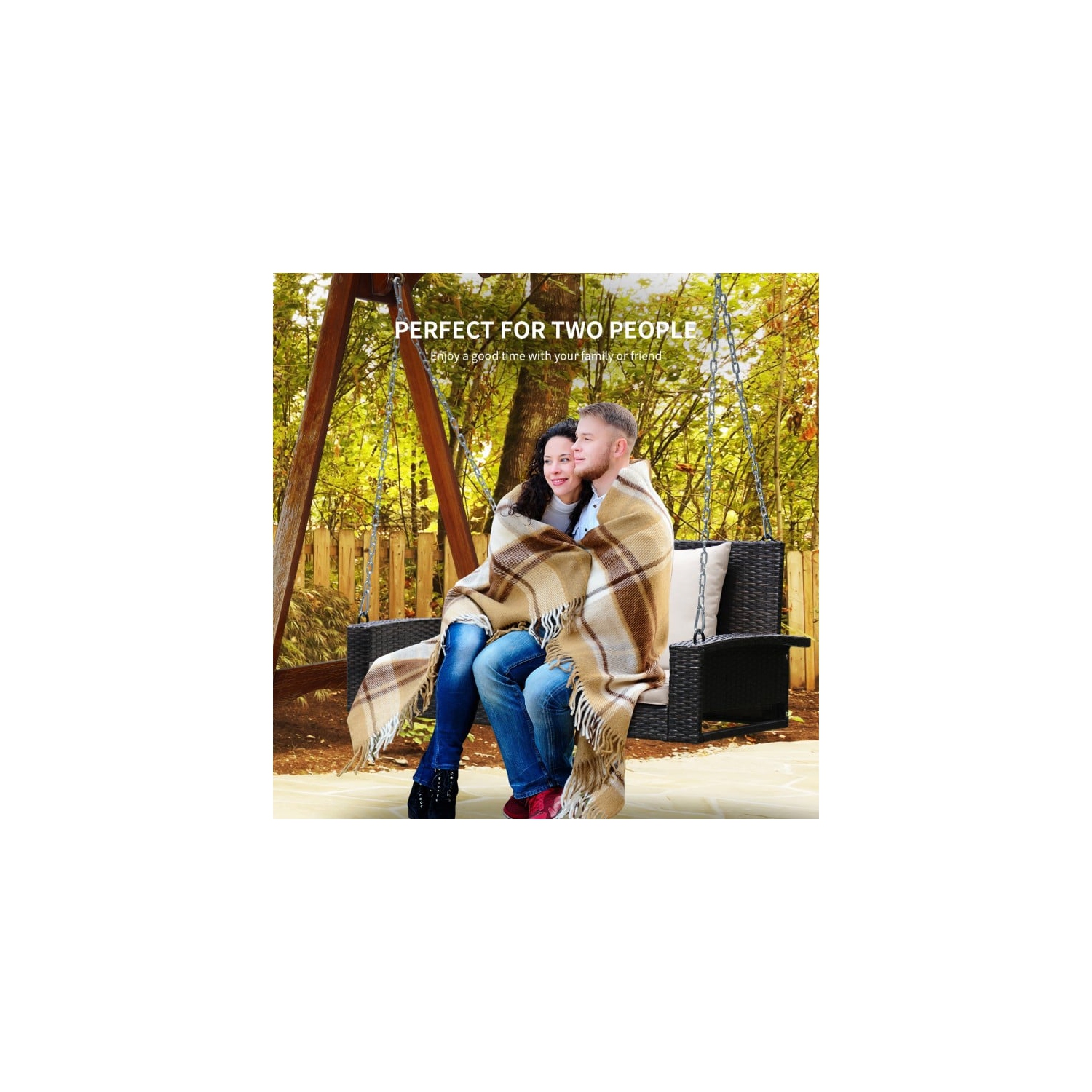 Balançoire de porche suspendue en osier pour 2 personnes avec 2 coussins de dossier et 1 coussin de siège