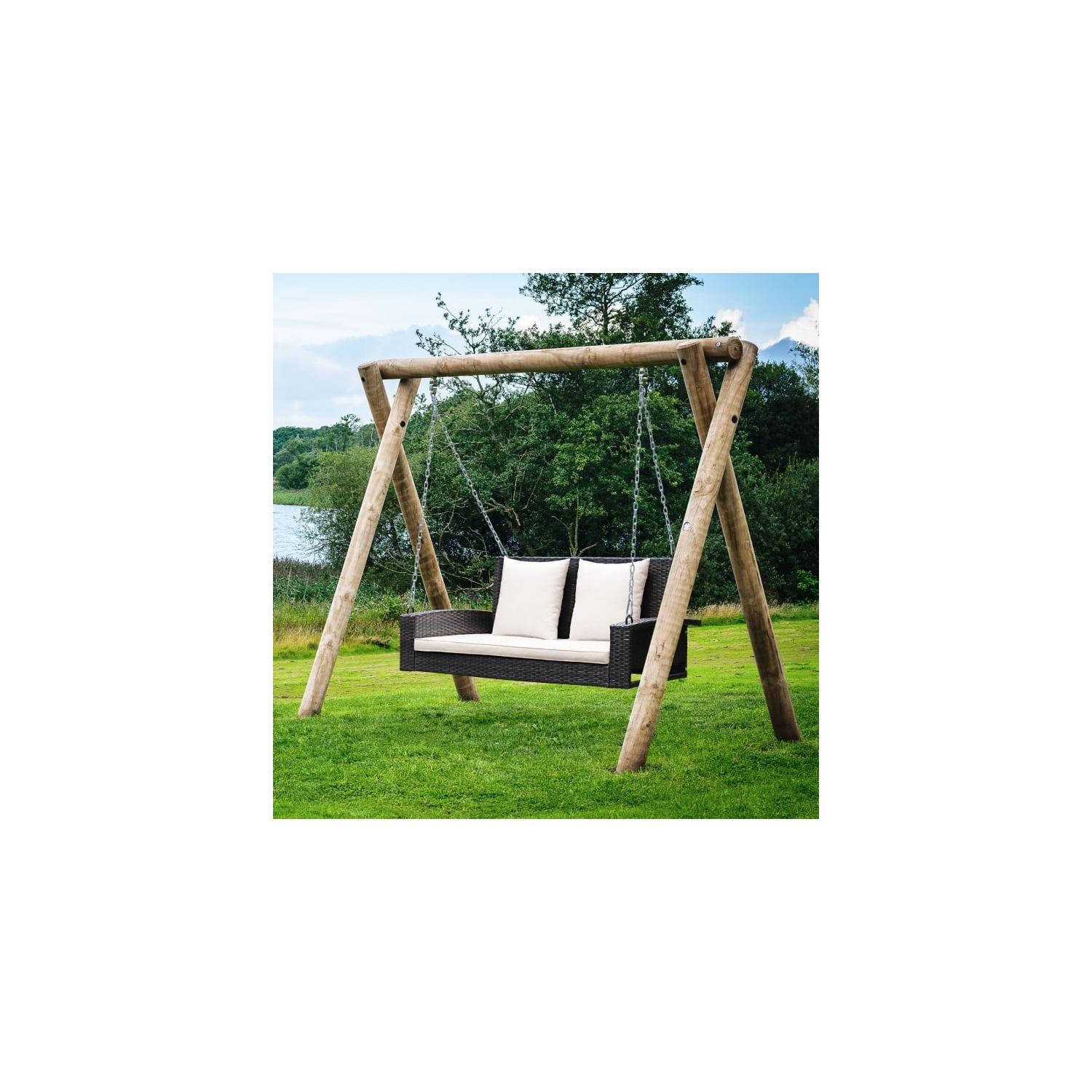 Balançoire de porche suspendue en osier pour 2 personnes avec 2 coussins de dossier et 1 coussin de siège