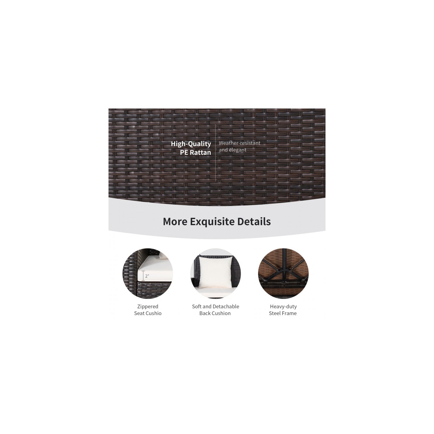 Balançoire de porche suspendue en osier pour 2 personnes avec 2 coussins de dossier et 1 coussin de siège