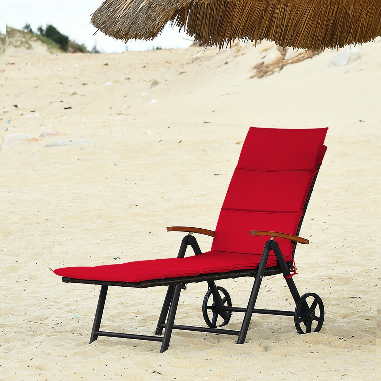 Chaise longue pliante de patio en rotin avec roulettes - Rouge