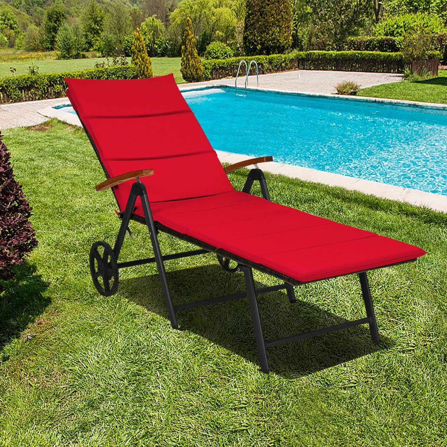 Chaise longue pliante de patio en rotin avec roulettes - Rouge