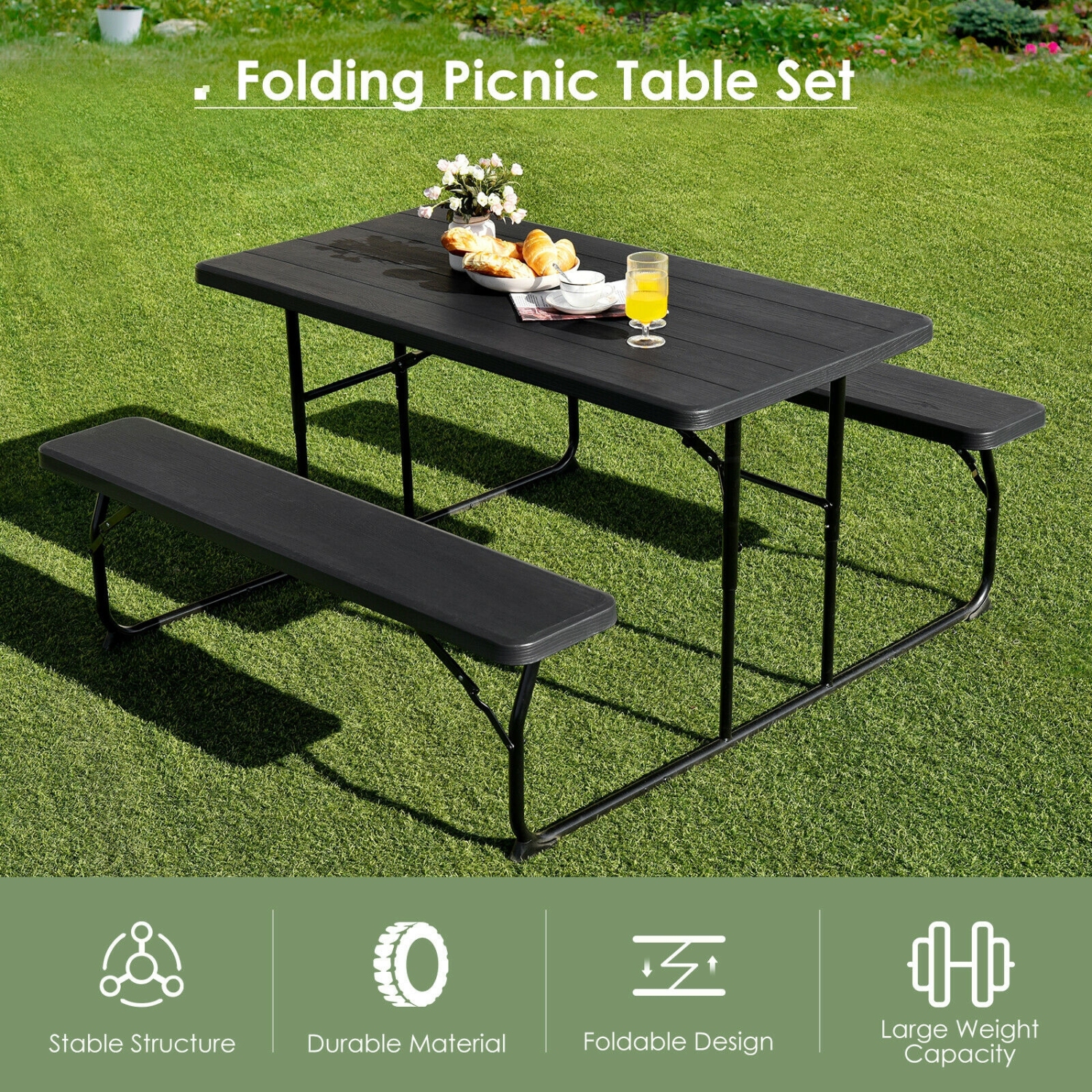 Portable Folding Picnic Table Bench Set with Wood-Style Texture for Backyard or Patio