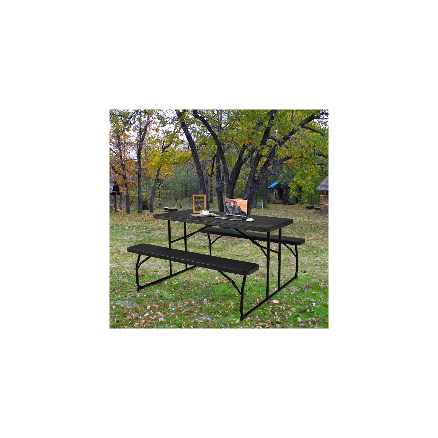 Portable Folding Picnic Table Bench Set with Wood-Style Texture for Backyard or Patio